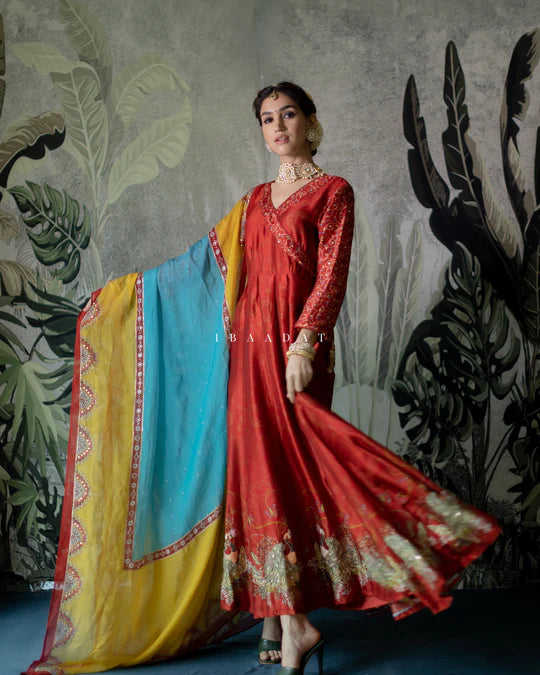 red designer anarkali dress Red Designer Roman Silk Anarkali Suit Set with Heavy Multi E