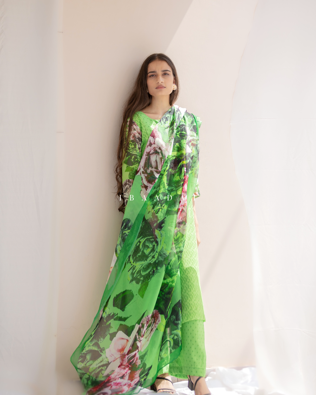 chelsea green dress Unstitched Cotton Green Punjabi Suit Set Dress Material Fabric – Stilento main image 1