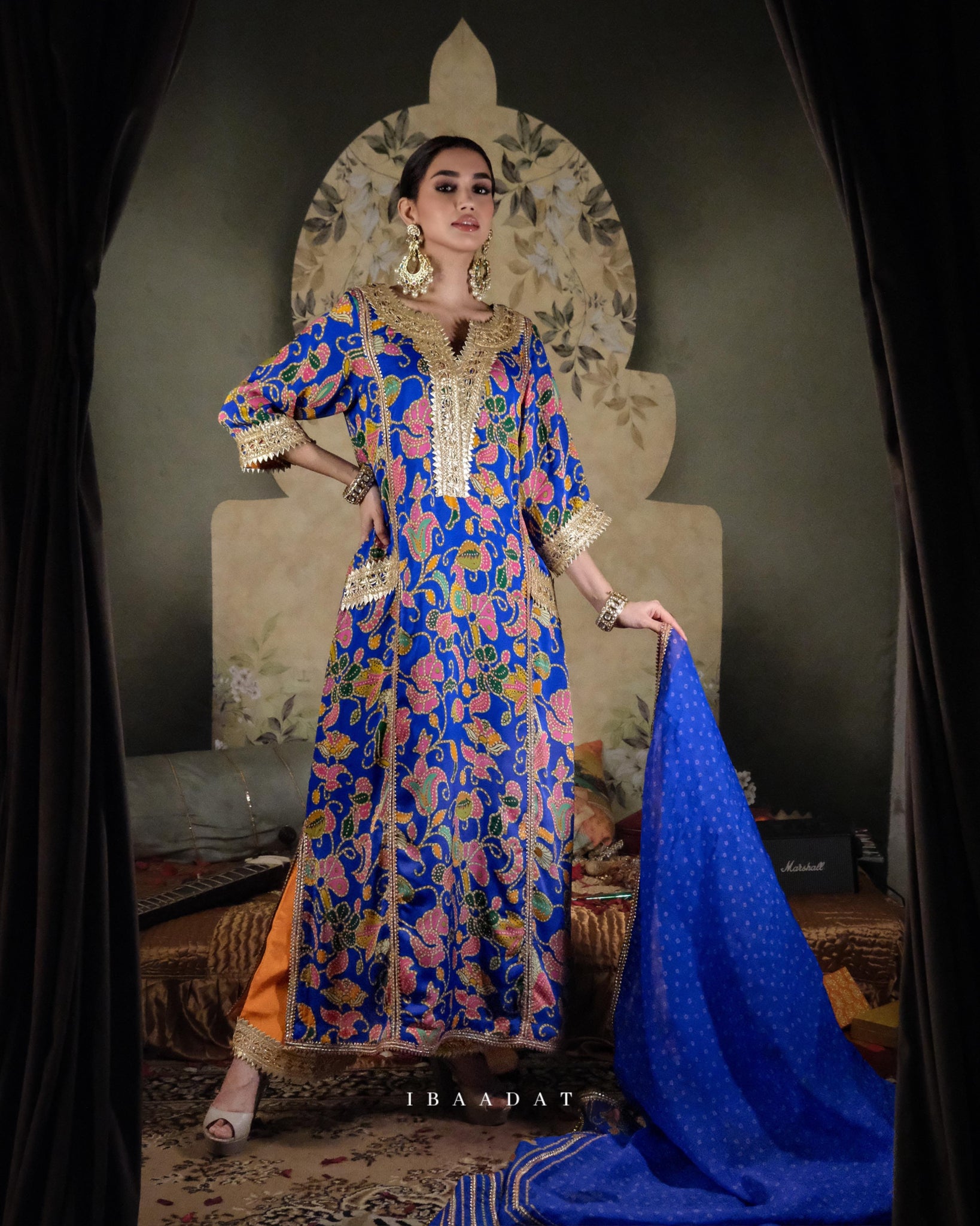 Blue Printed Satin Salwar Suit with Organza Dupatta and Ghungroos