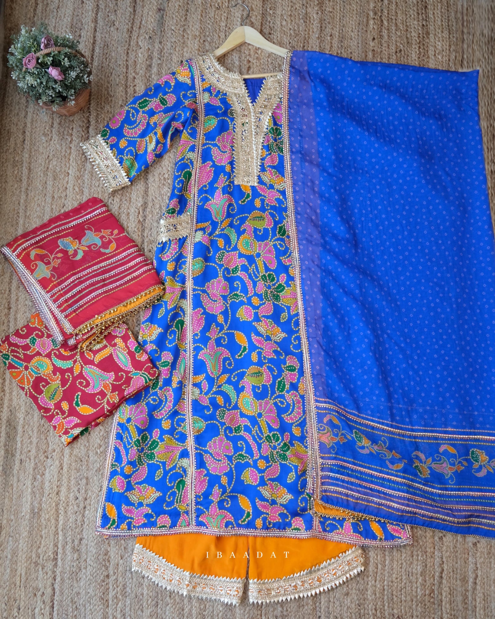 Blue or Red Organza Satin Suit with Crepe Bottom for Weddings and Festive Celebrations