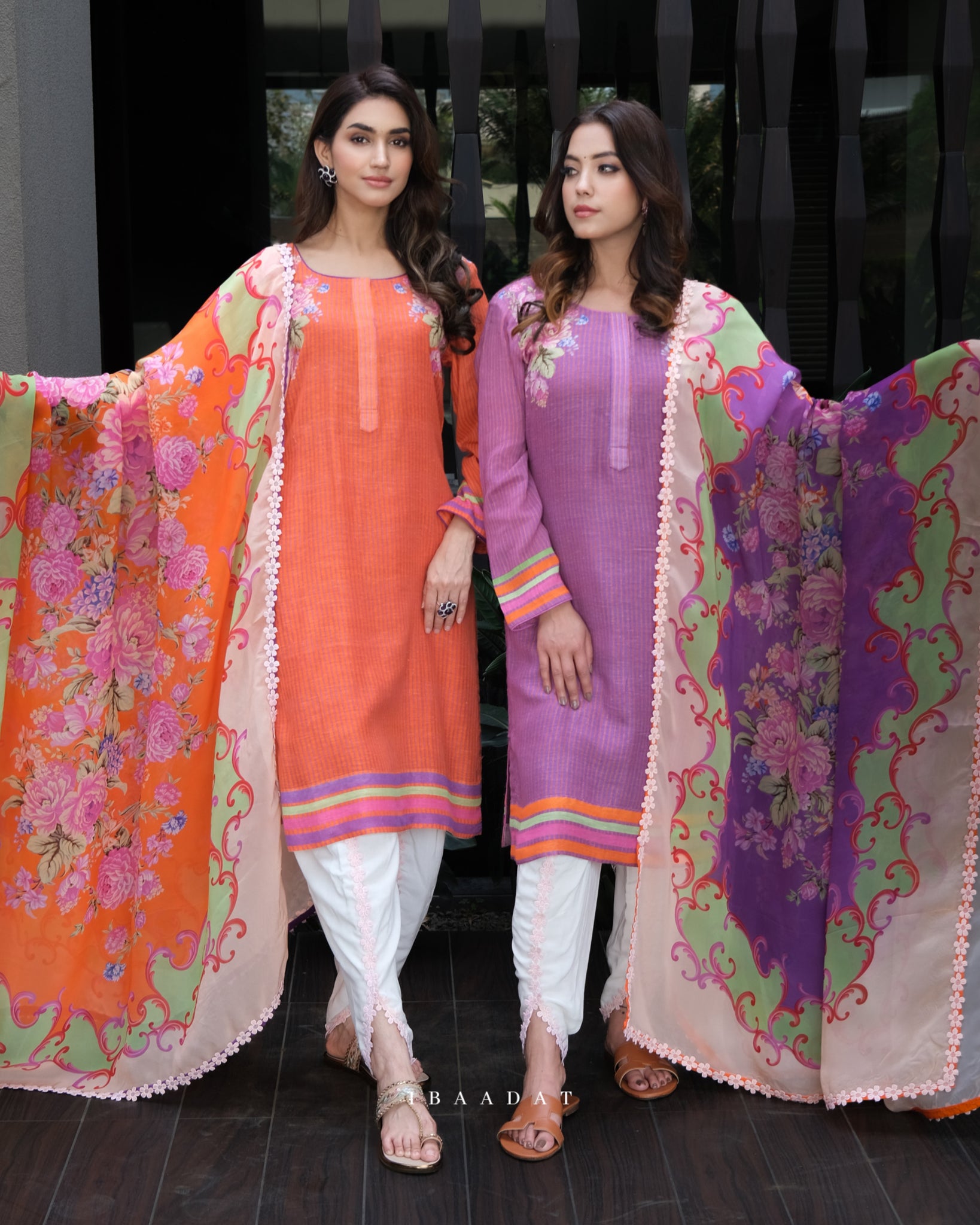 Digital print orange salwar suit with organza dupatta for women