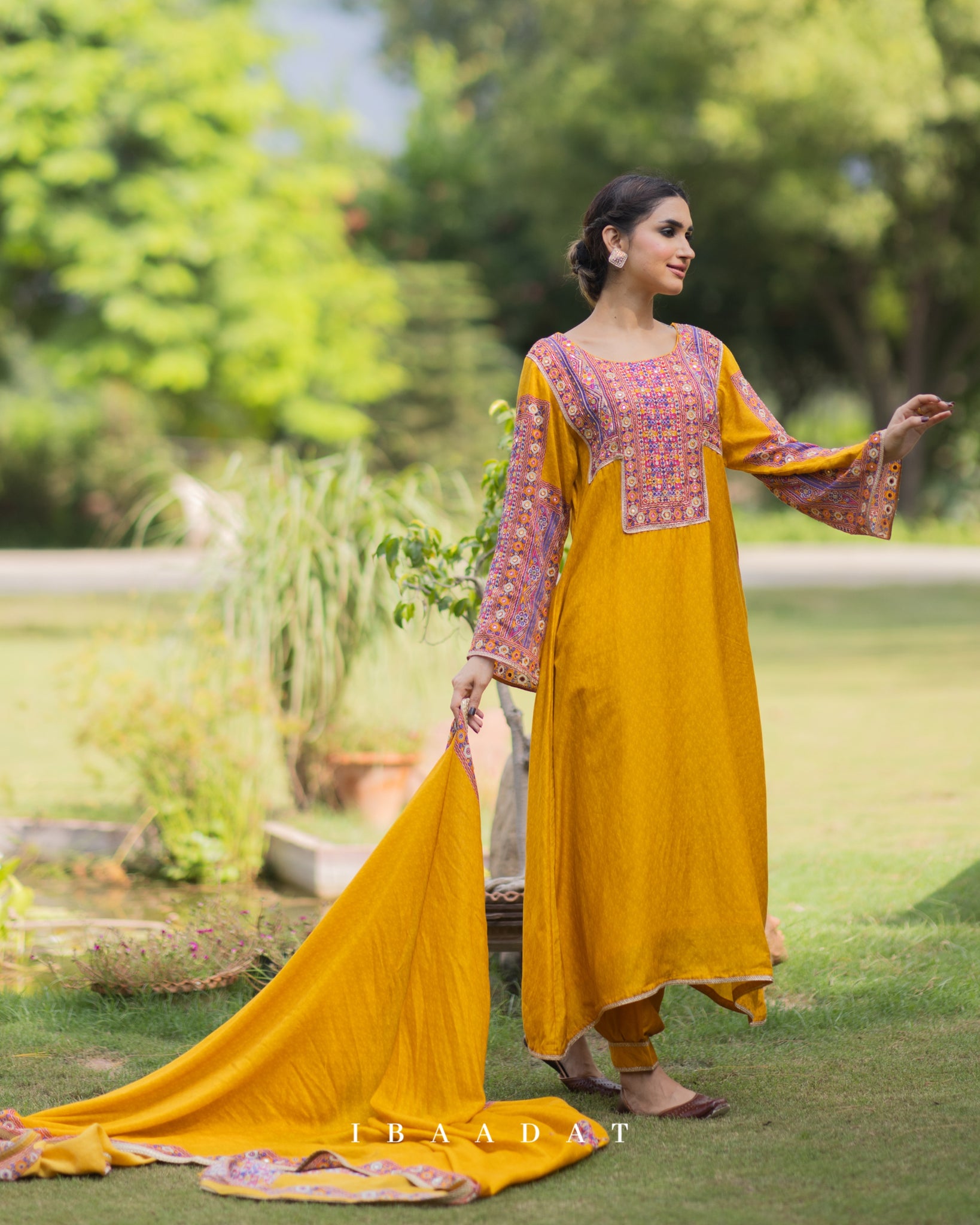 Digitally printed mustard silk Punjabi suit for festive season