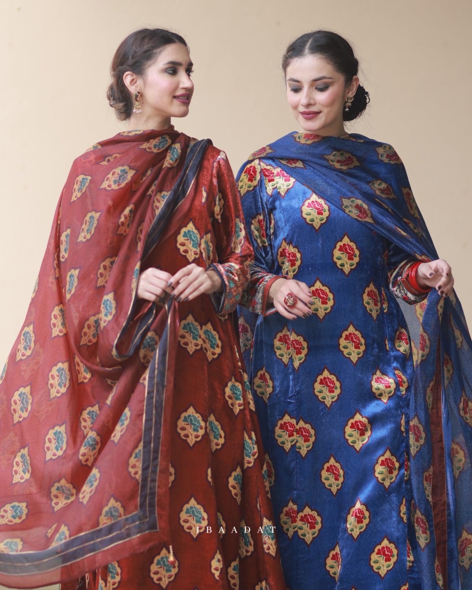 Digitally printed red and blue Punjabi suits in bamber velvet