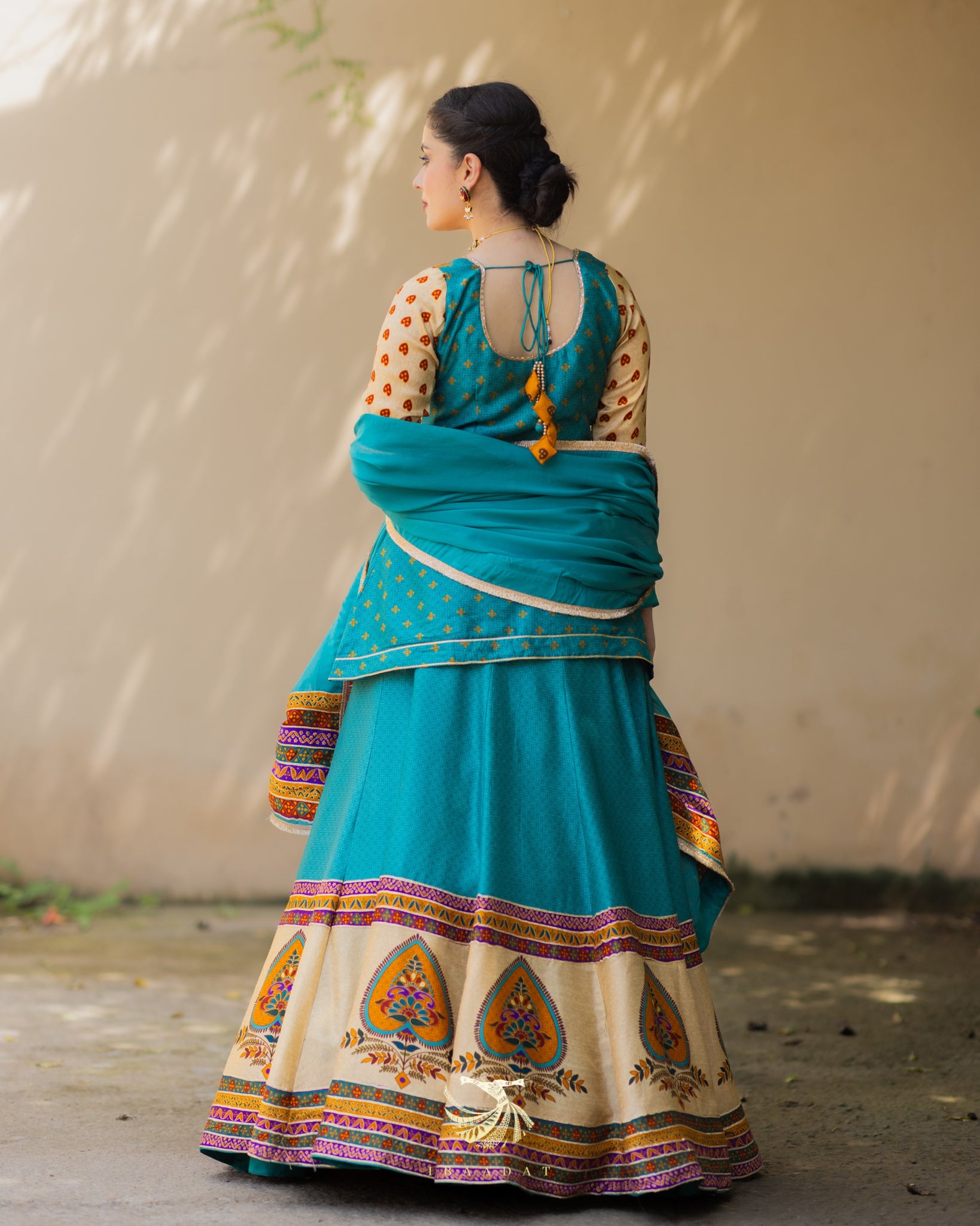 Digitally printed turquoise Anarkali suit with organza dupatta
