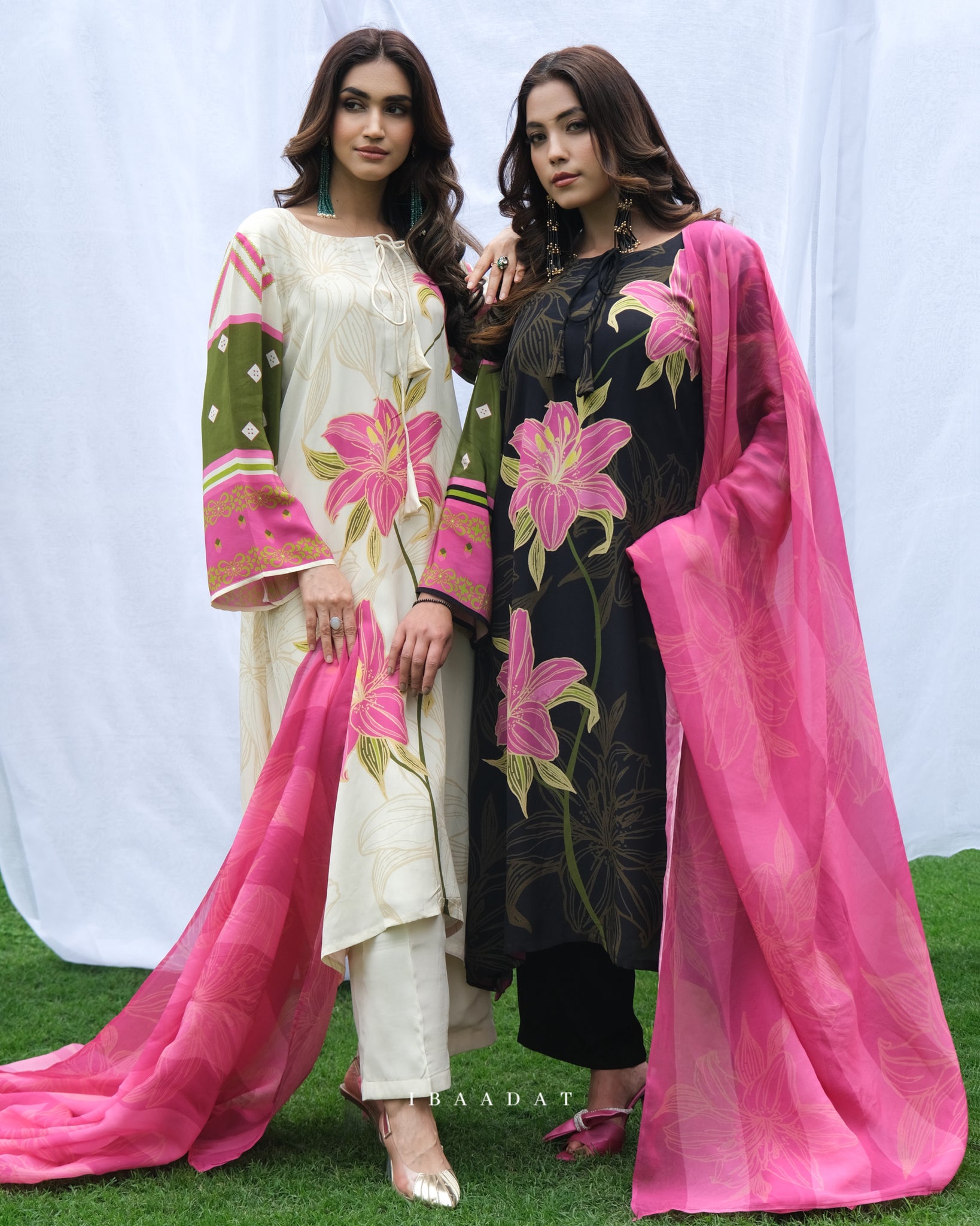 Dual-tone off-white and black floral printed Punjabi suit