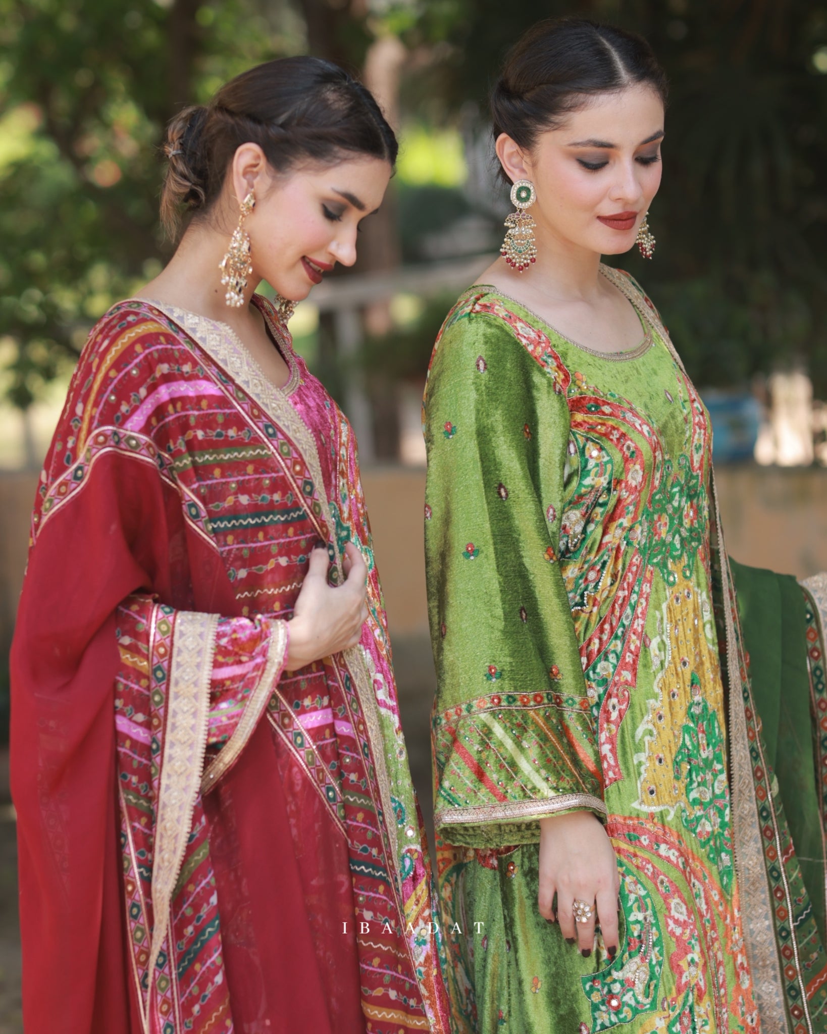 Elegant red and green velvet salwar suit for weddings