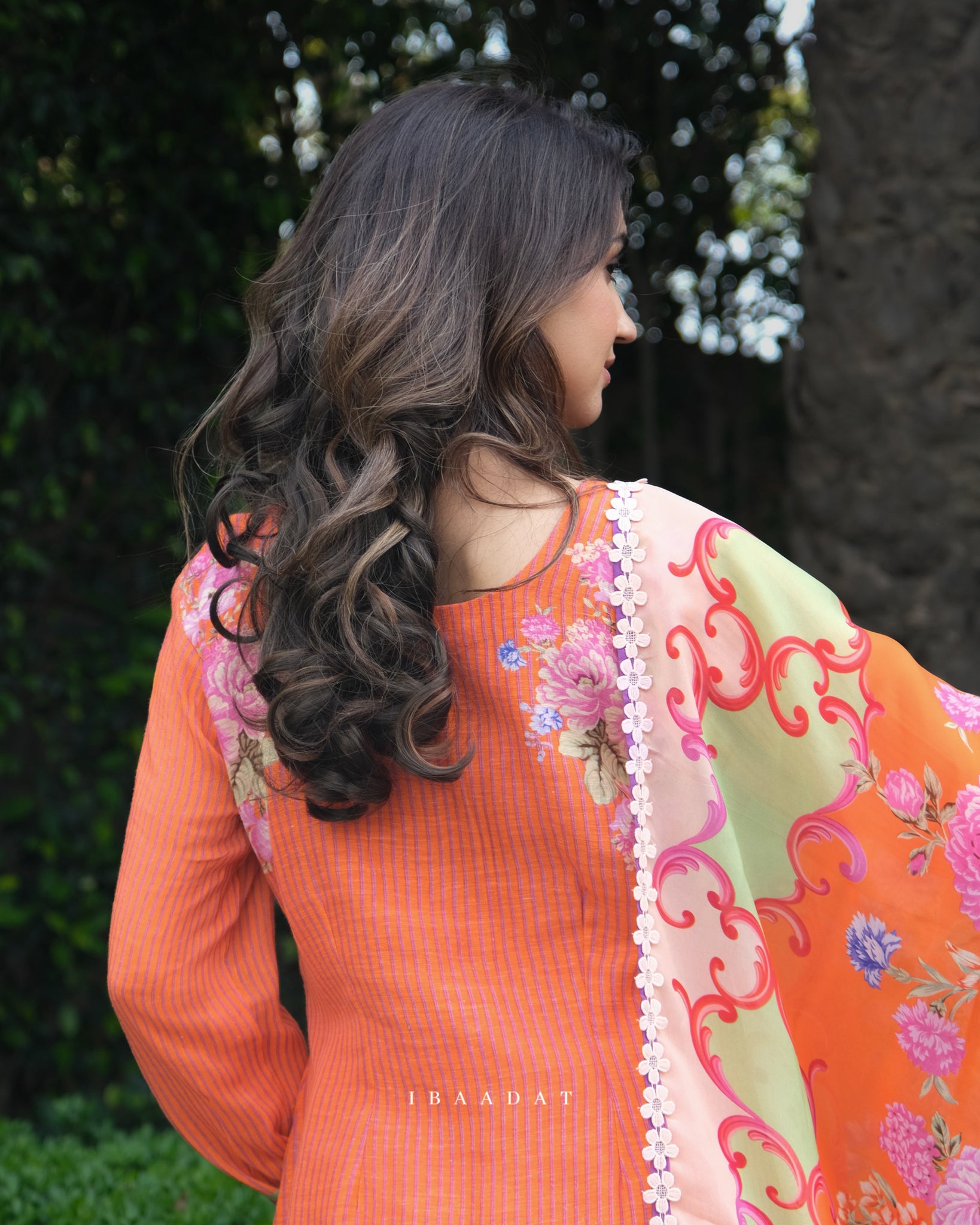 Formal wear orange salwar suit with printed organza dupatta