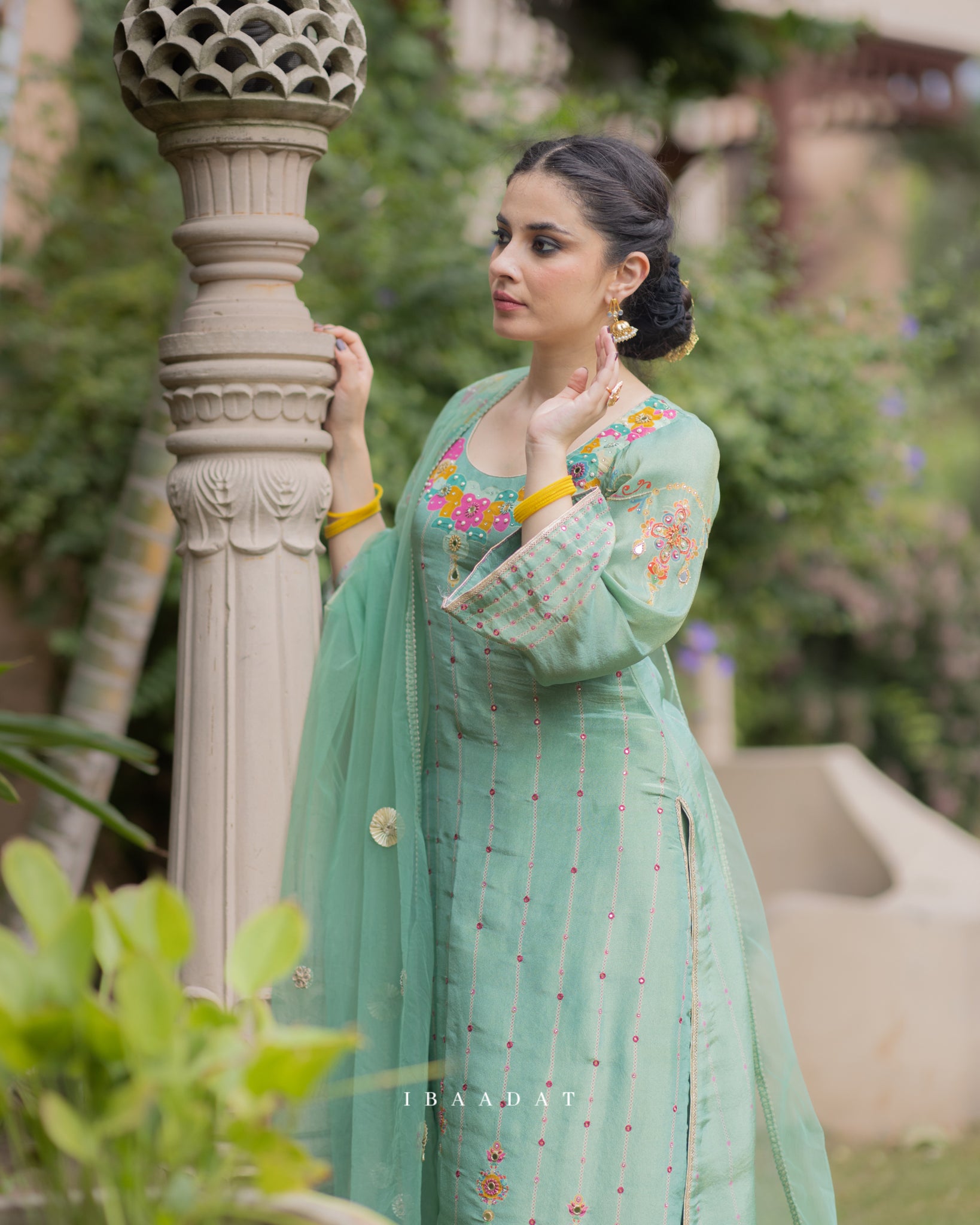 Green organza Punjabi salwar suit with hand embroidery – SAJDA