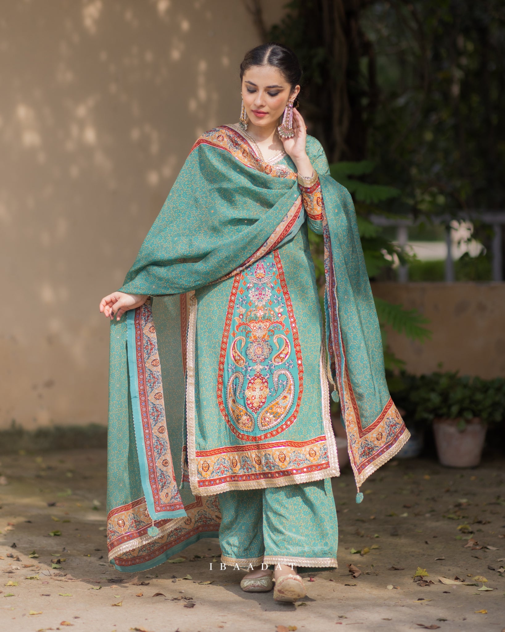 Green viscose crepe Punjabi salwar suit for festive events