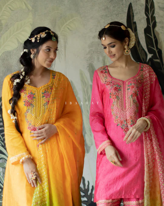 Magenta and yellow festive wear salwar suit for women
