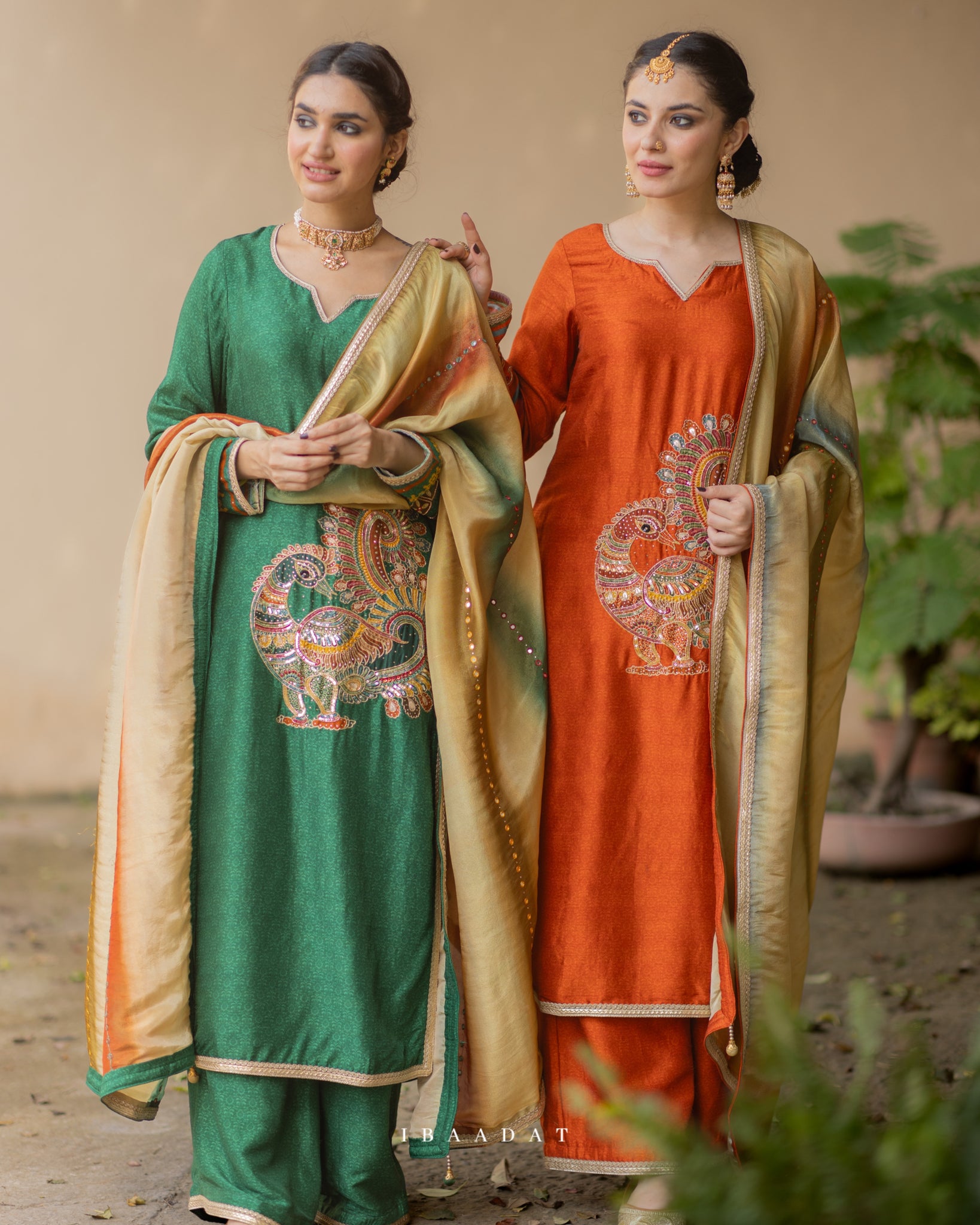 Mayuri rust and dark green silk Punjabi suit for women