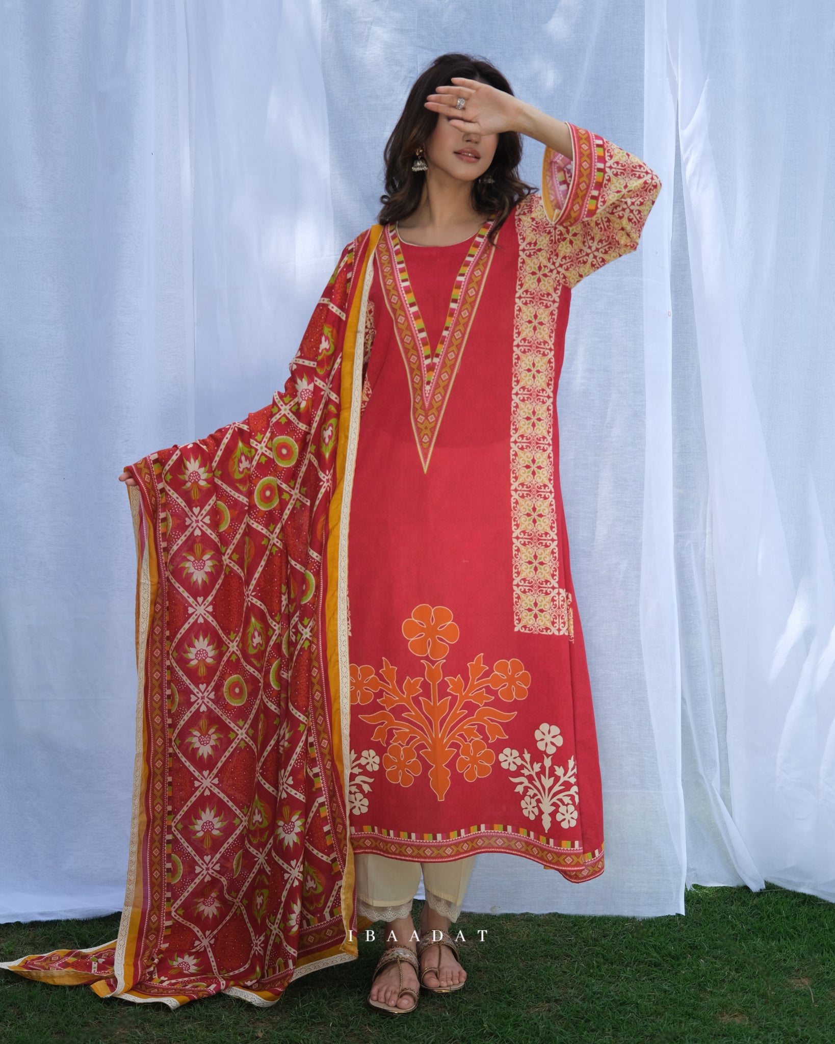Mehakk Printed Red & Orange Salwar Suit for Festive Occasions