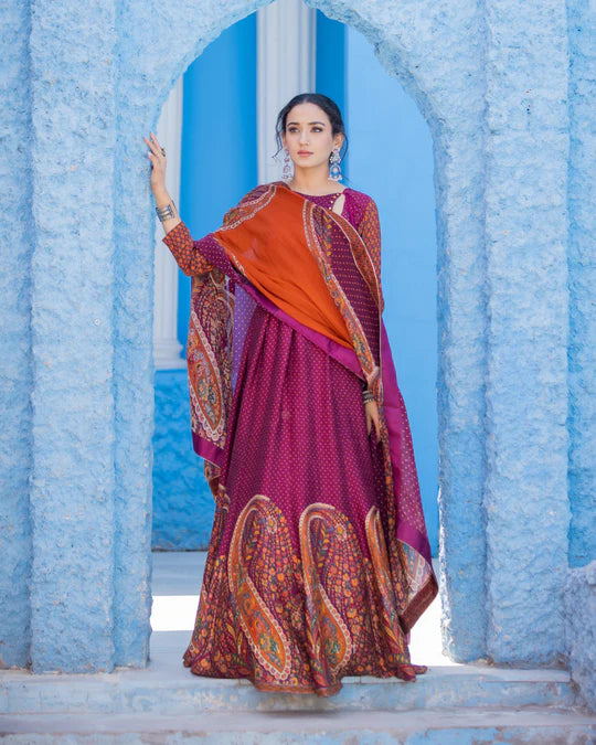 Mehreen Wine & Rusty Orange Anarkali Suit for Weddings