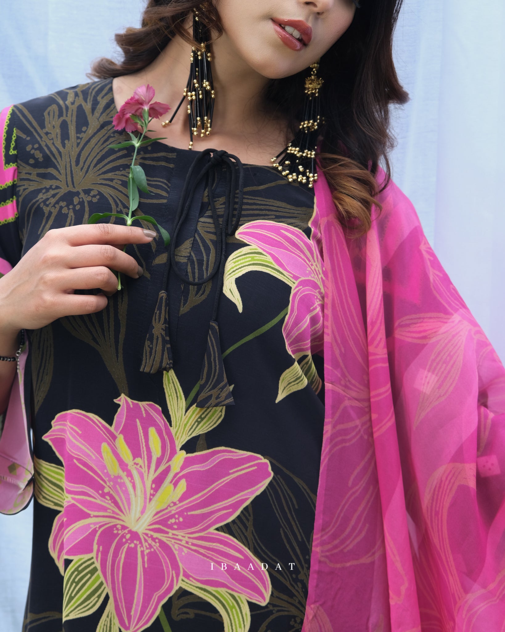 Off-white and black floral Punjabi suit set for women