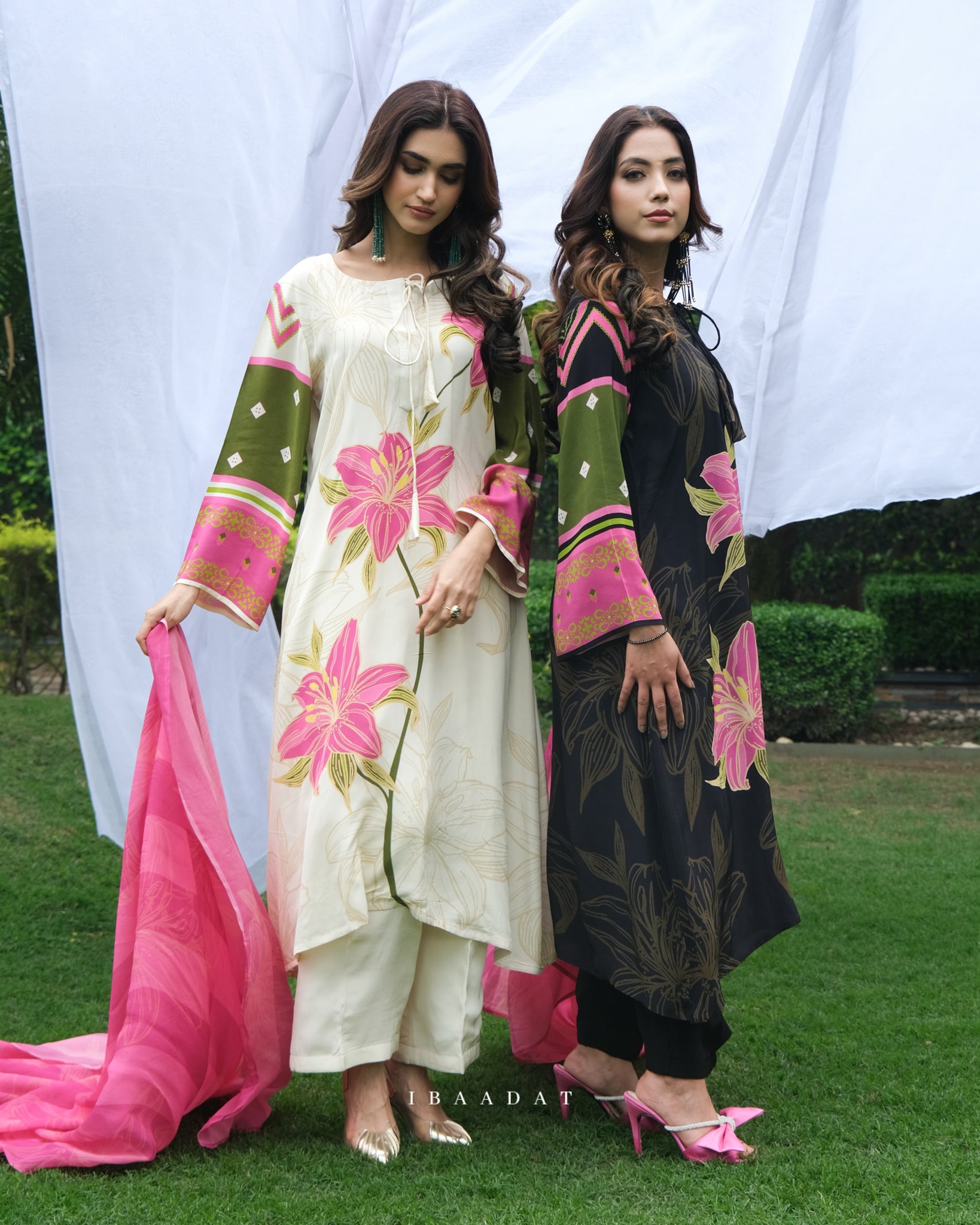Off-white & black Punjabi suit with printed organza dupatta