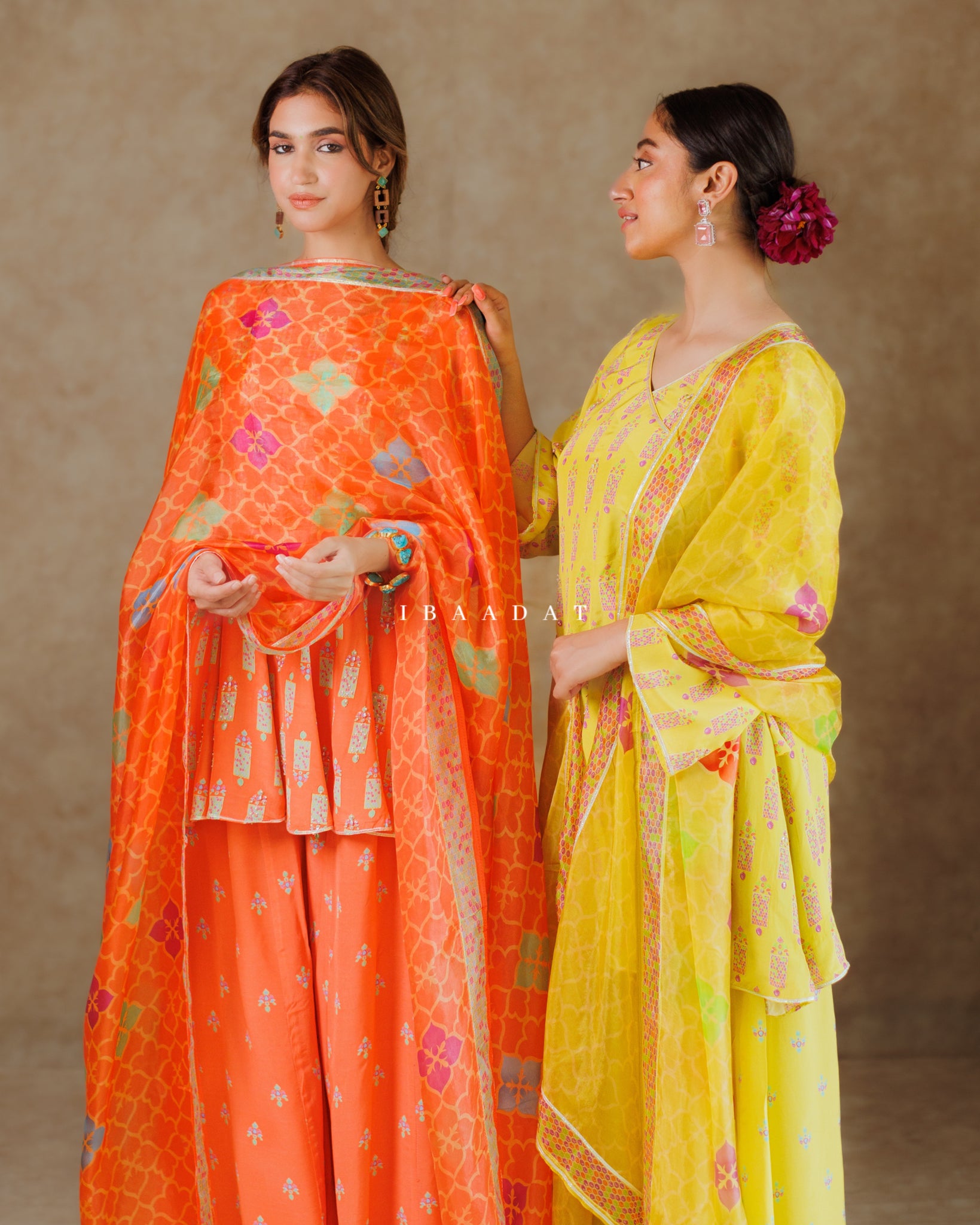 Peach & Lime Yellow Printed Salwar Suit for Festive Wear