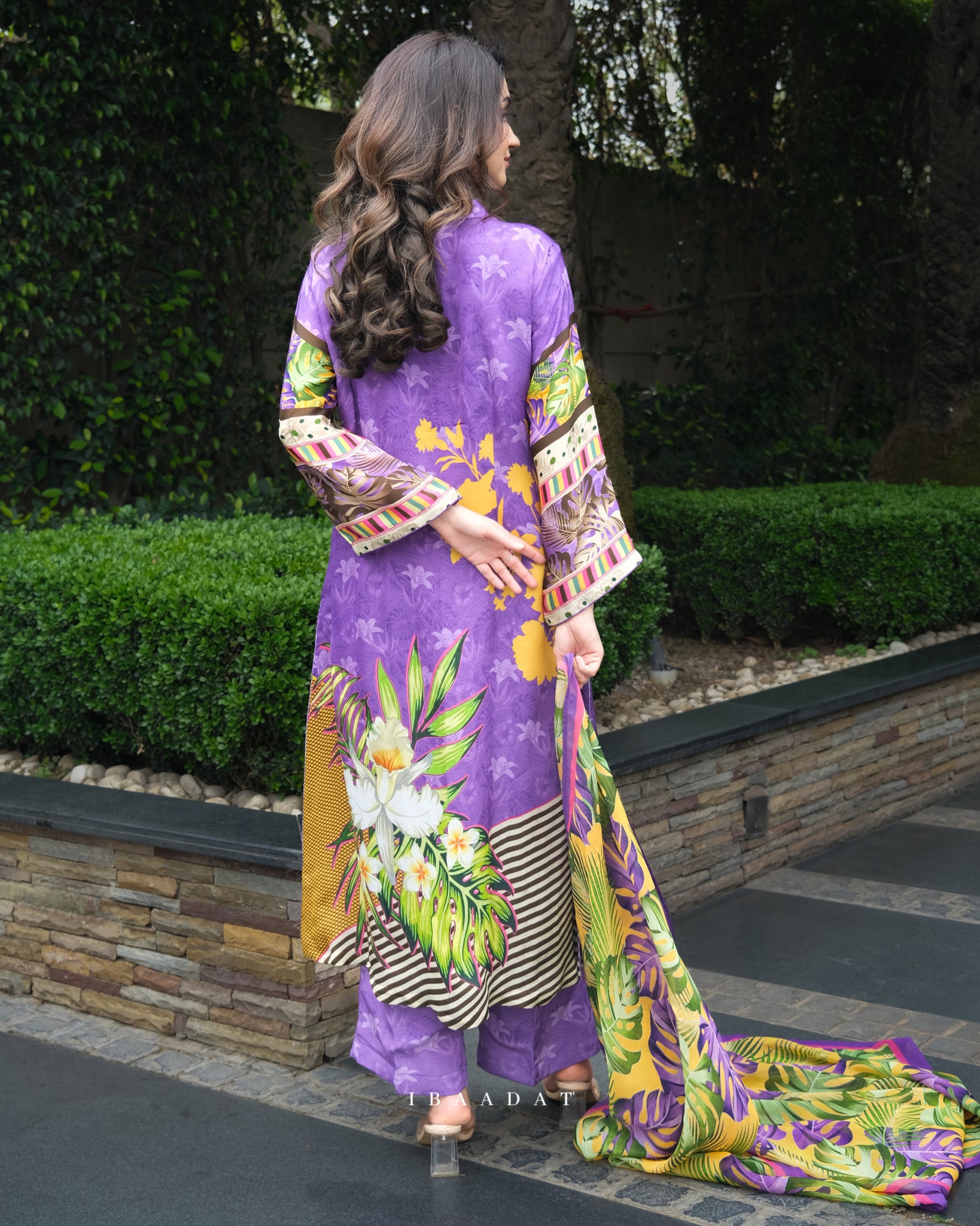 Purple Punjabi suit with organza dupatta and printed crepe bottom