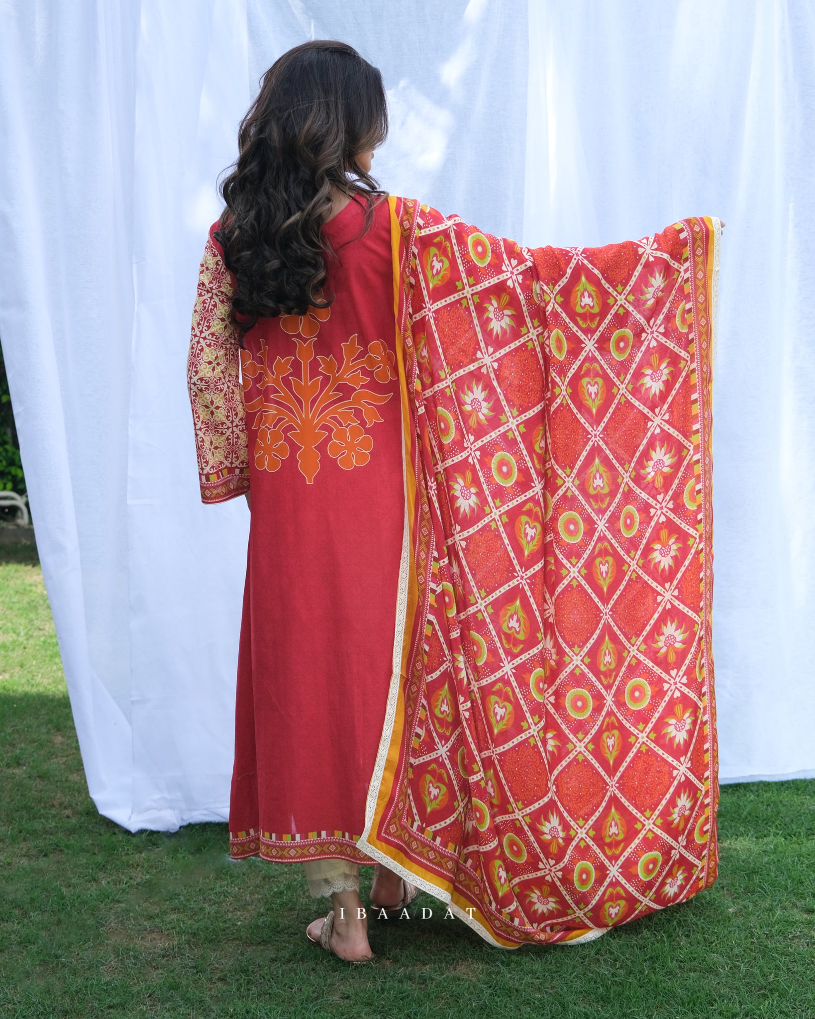 Red & Orange Cotton Mehakk Salwar Suit for Party Wear