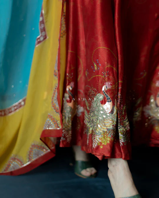 Red Raw Silk Anarkali Lehenga Suit for Festive Celebrations