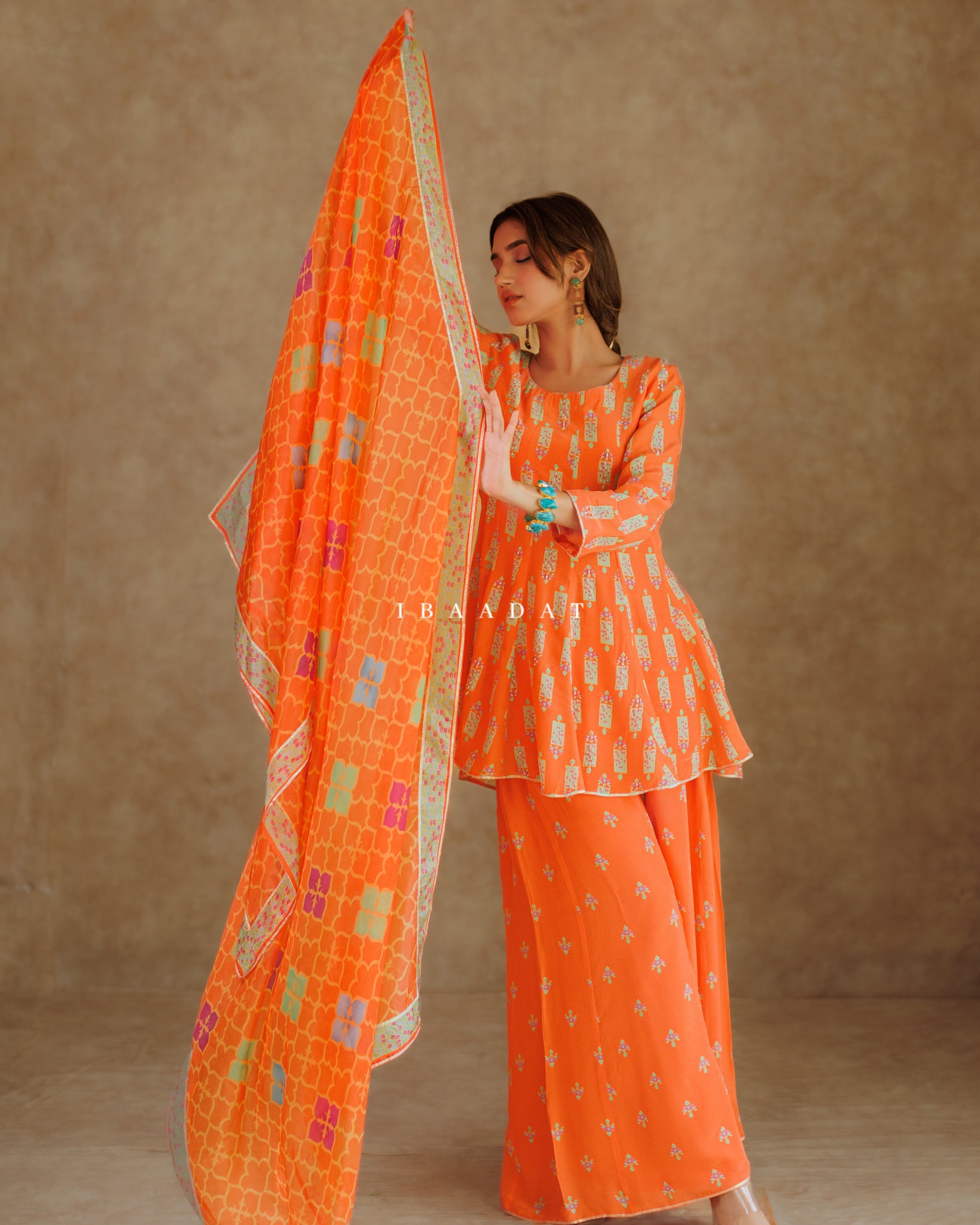 Sanjana Bright Peach Printed Salwar Suit with Silk Dupatta