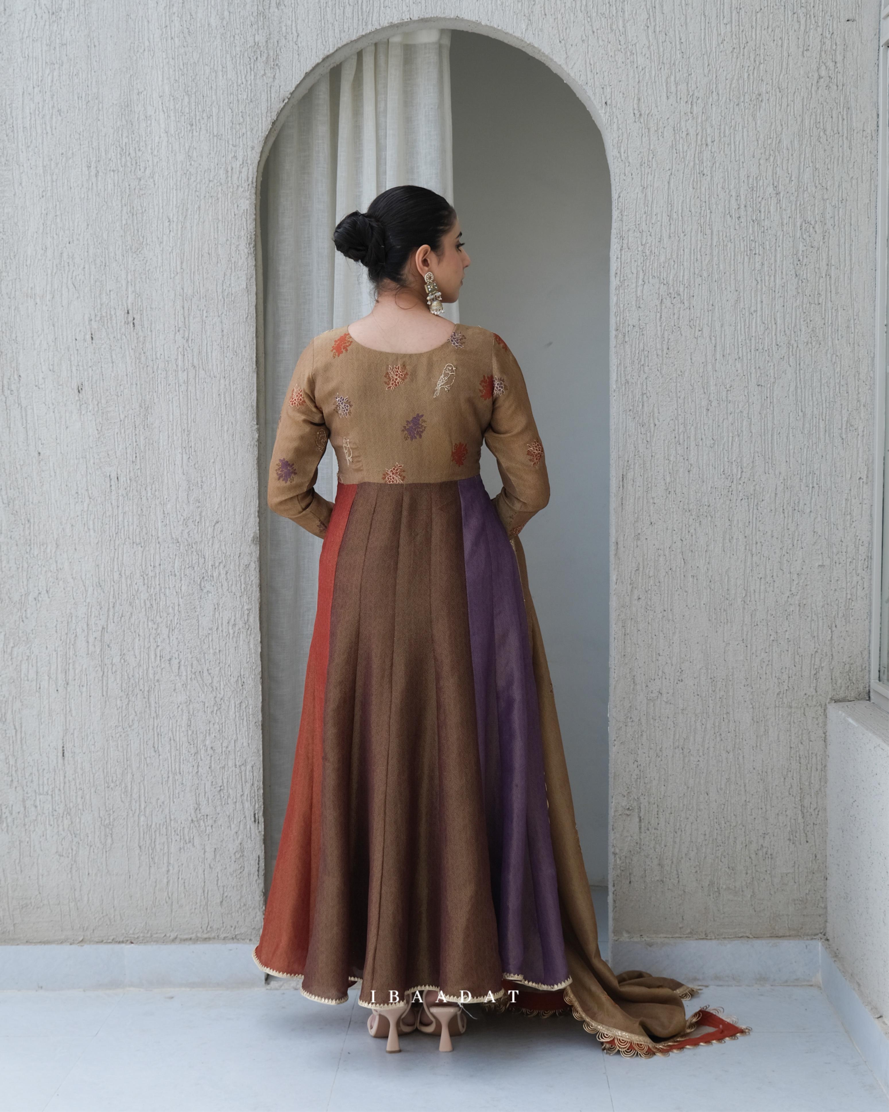 anarkali dress brown Brown Anarkali Satin Suit Set (Set Of 3) – ahiclothing