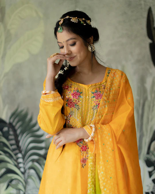 Yellow digitally printed salwar suit for college girls