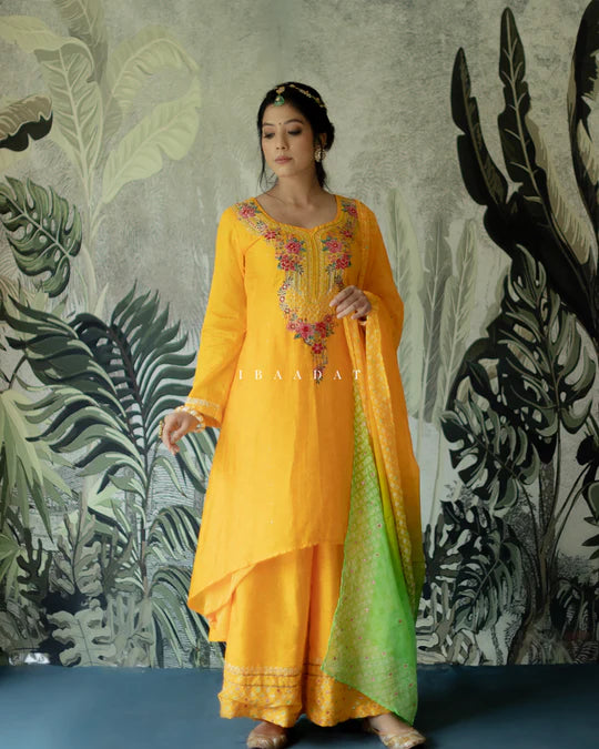 Yellow summer print formal salwar suit for women