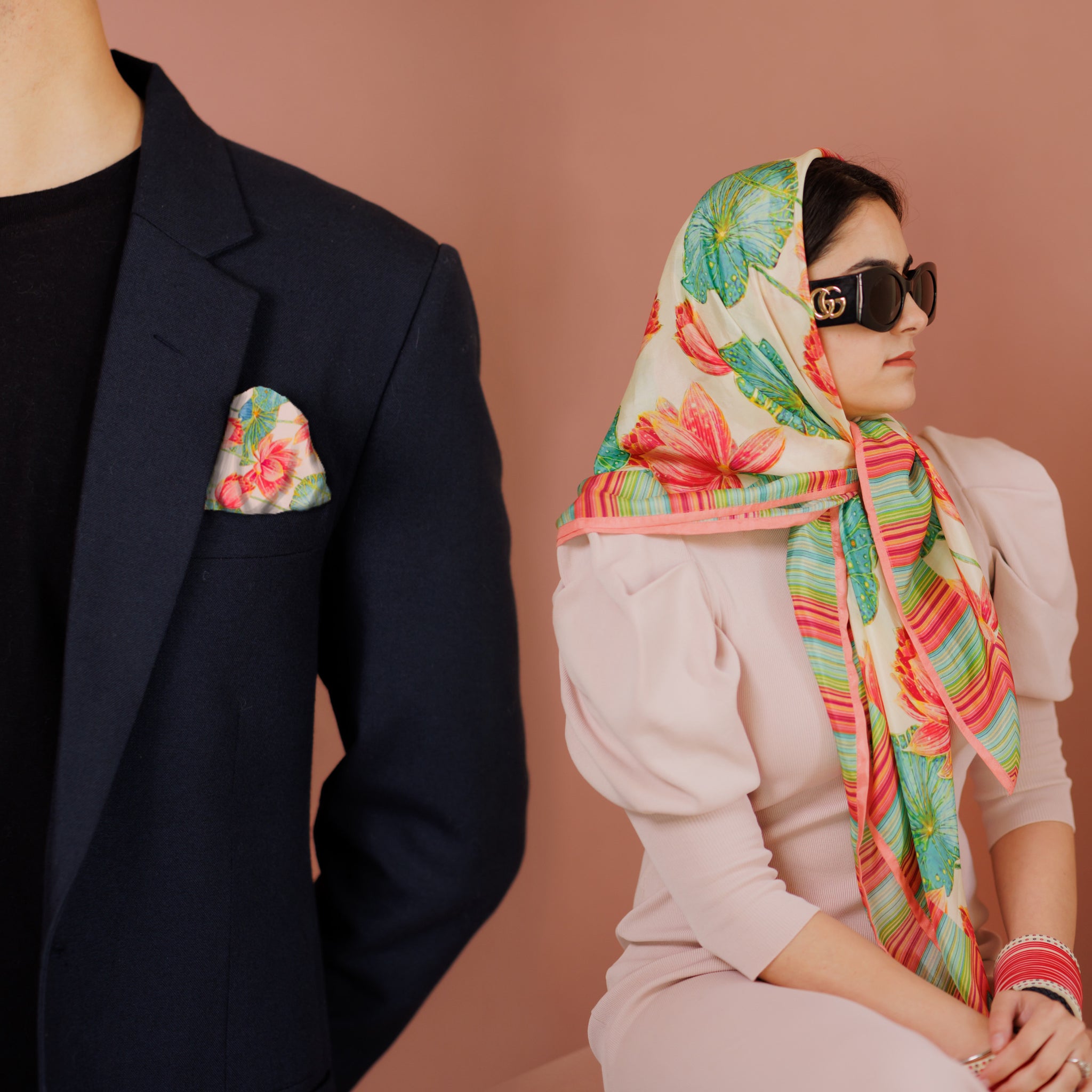 Lotus Pond Scarf & Pocket Square Combo Pack for Couples