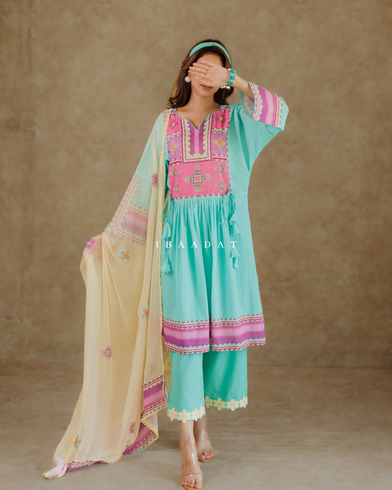 Aqua blue printed summer salwar suit for office wear