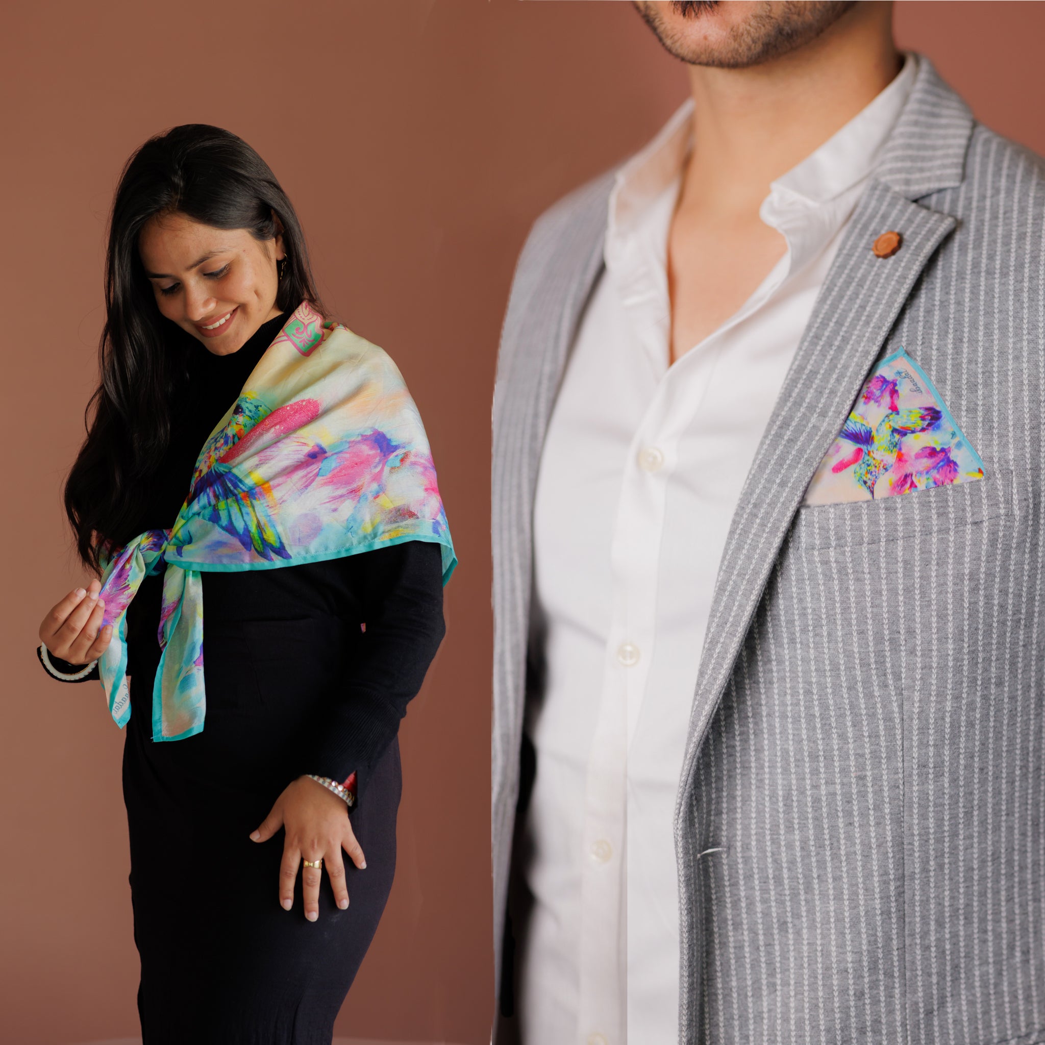 Birds Scarf and Pocket Square Combo Pack for Couples