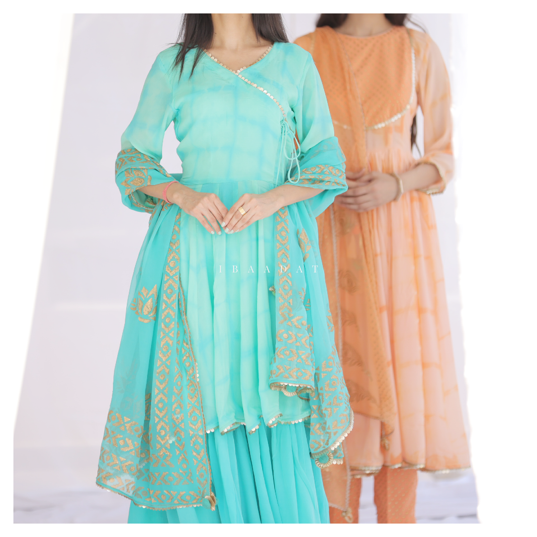 Blue and peach mix tie dye Sharara Gharara set for women