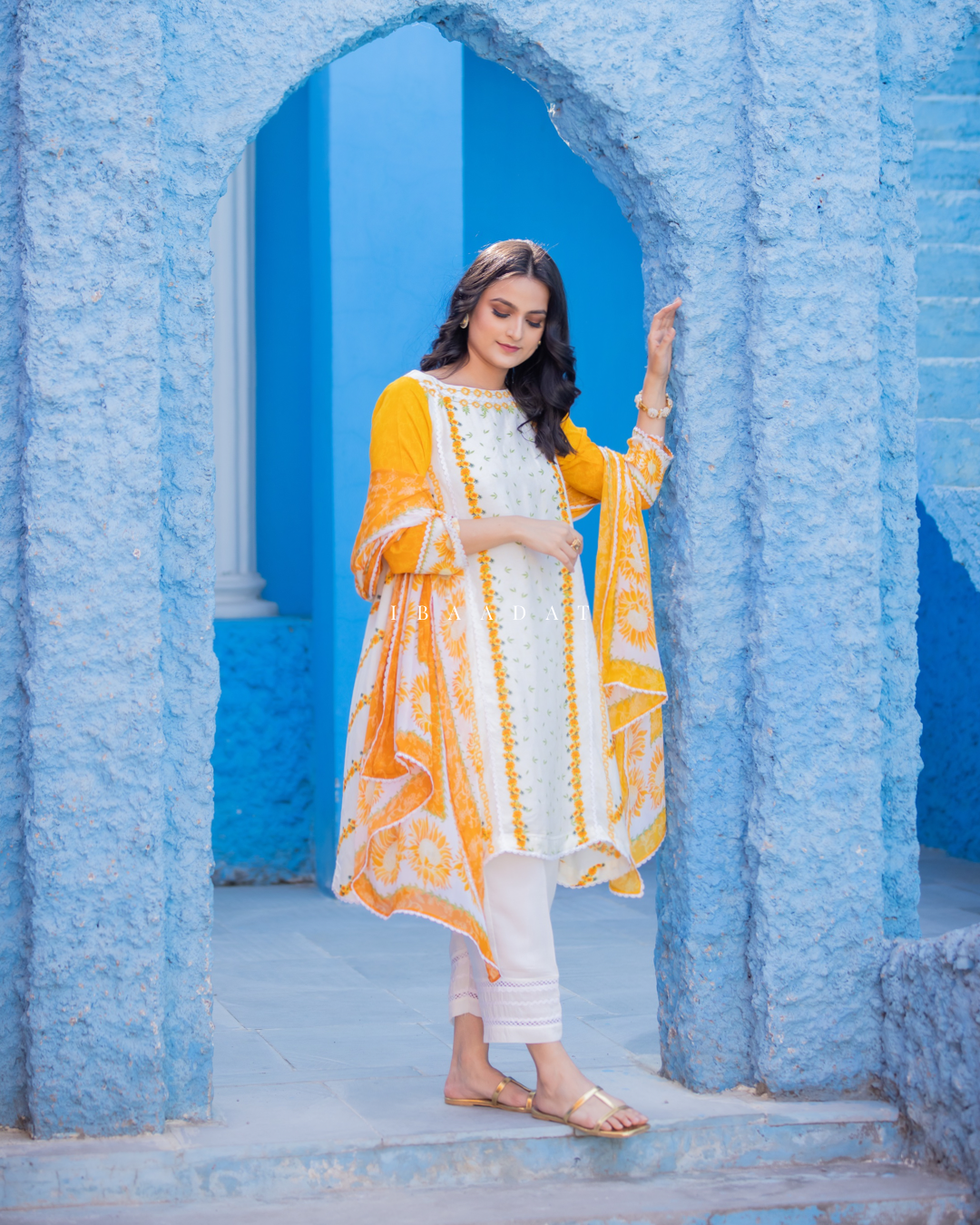 Bright Yellow Cotton Salwar Suit with Chinnon Dupatta