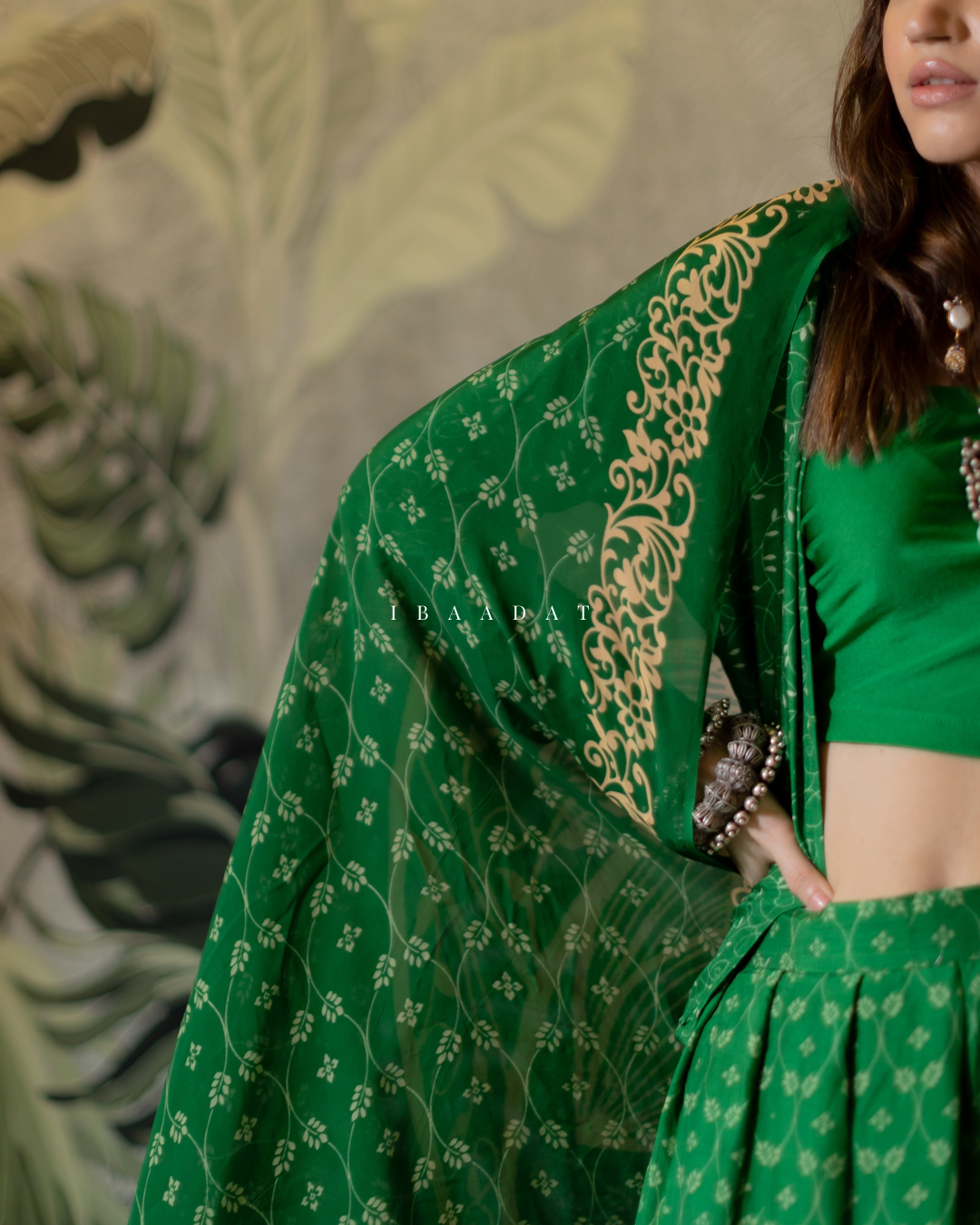 Chaand Set Viscose Raw Silk Green Anarkali Suit for Women