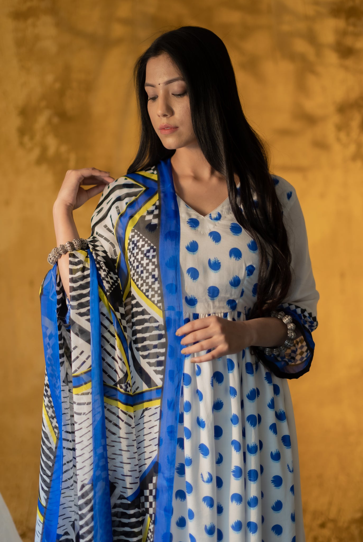Cotton Viscose Polka Dot Formal Suit Set with Chinnon Dupatta