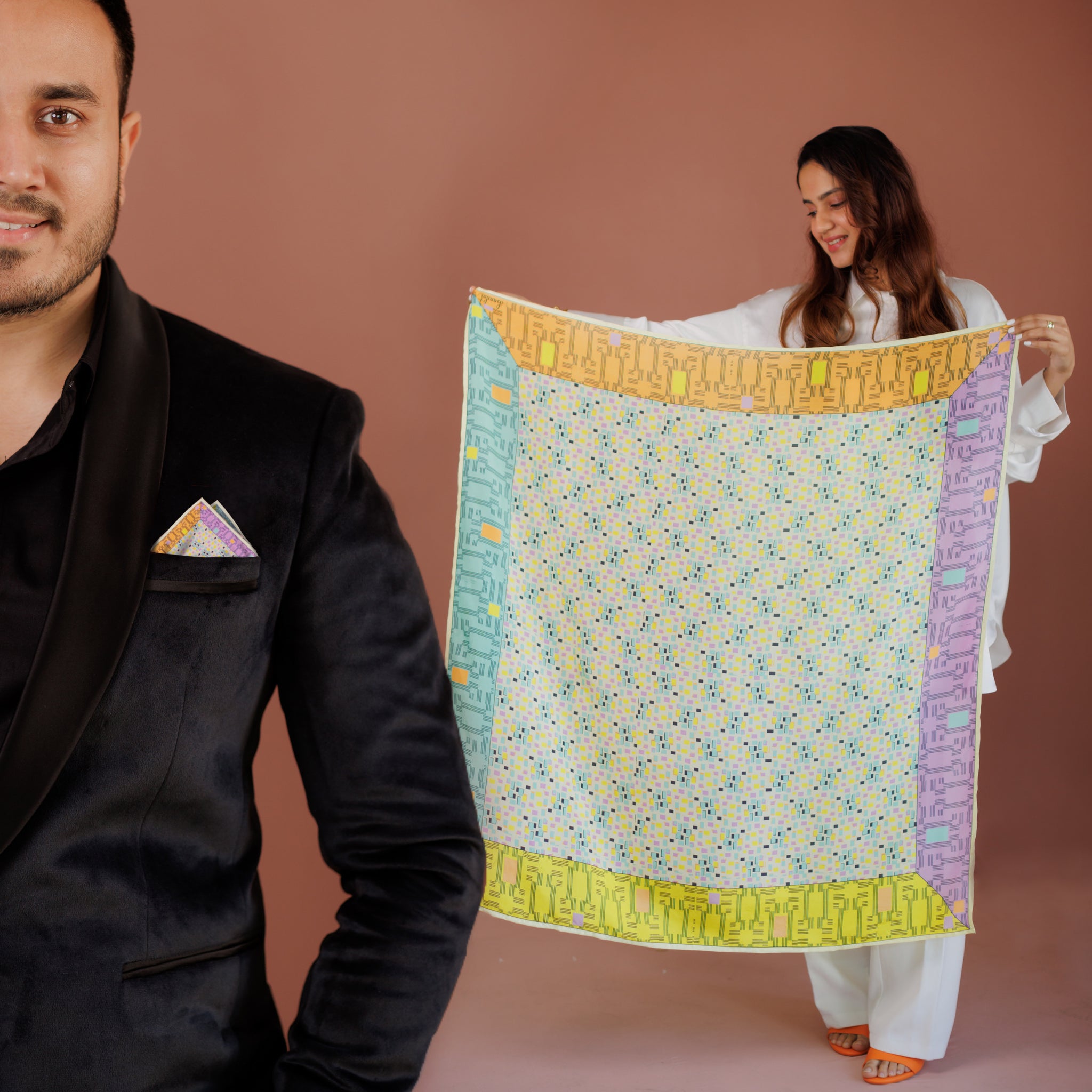 Geometric Neon Pocket Square and Scarf Combo Pack for Couples