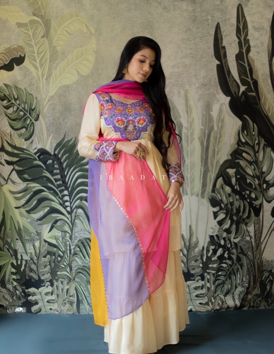 Designer Multicolor Sharara Noorani Set with Hand Embroidery