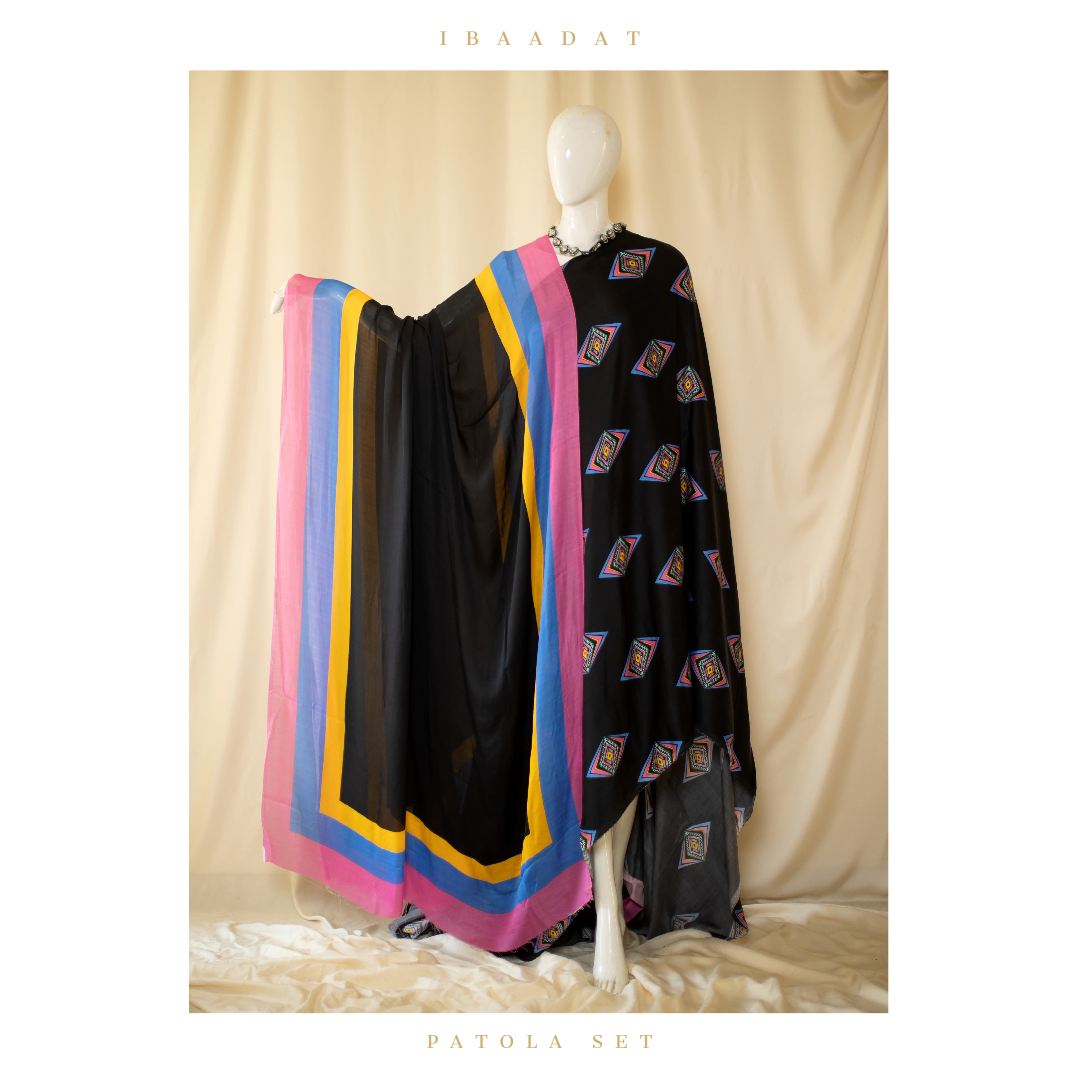Designer Patola Set black Punjabi suit with satin silk dupatta