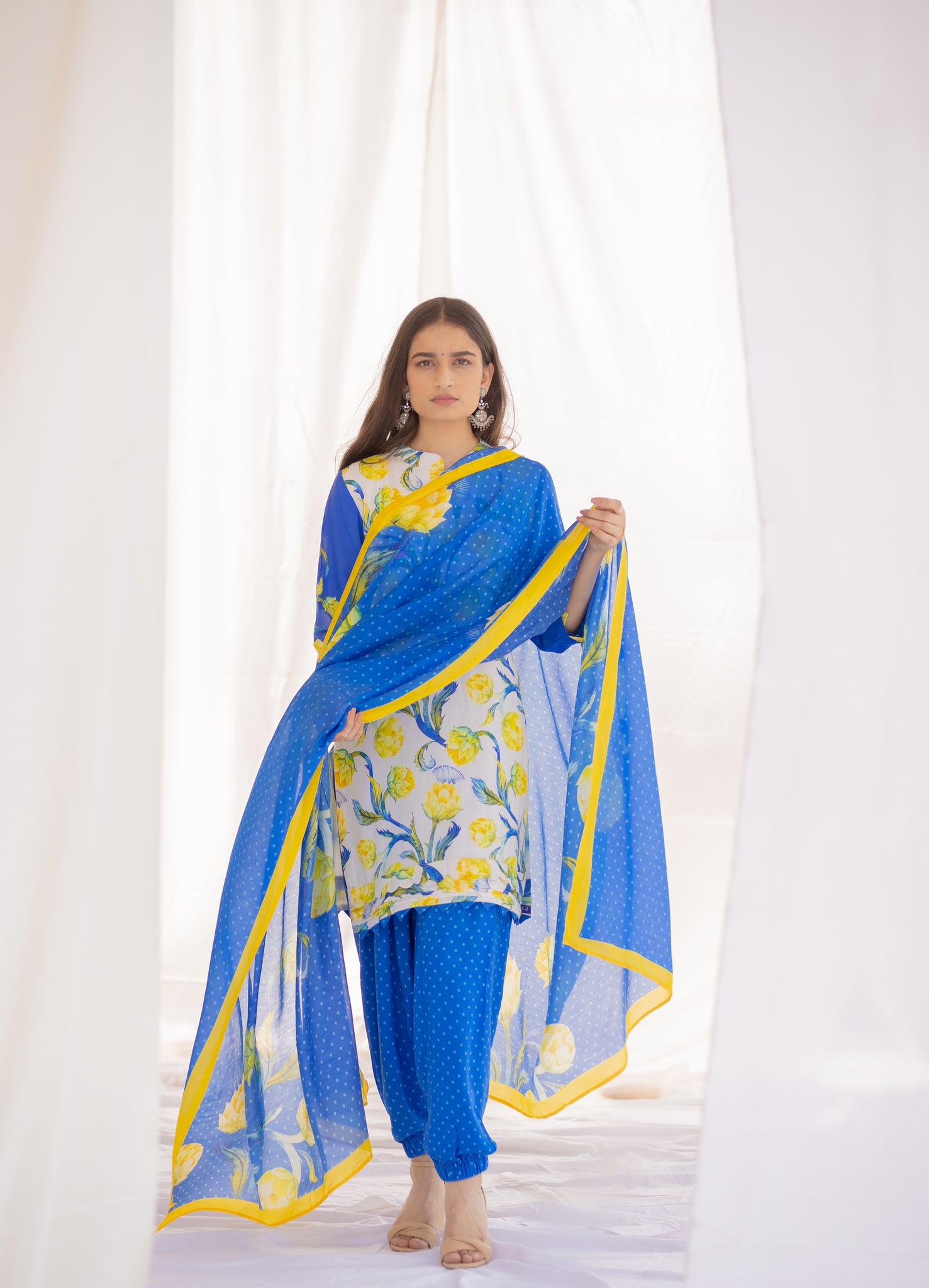 Designer Pushp Set in White and Blue with Bemberg Dupatta