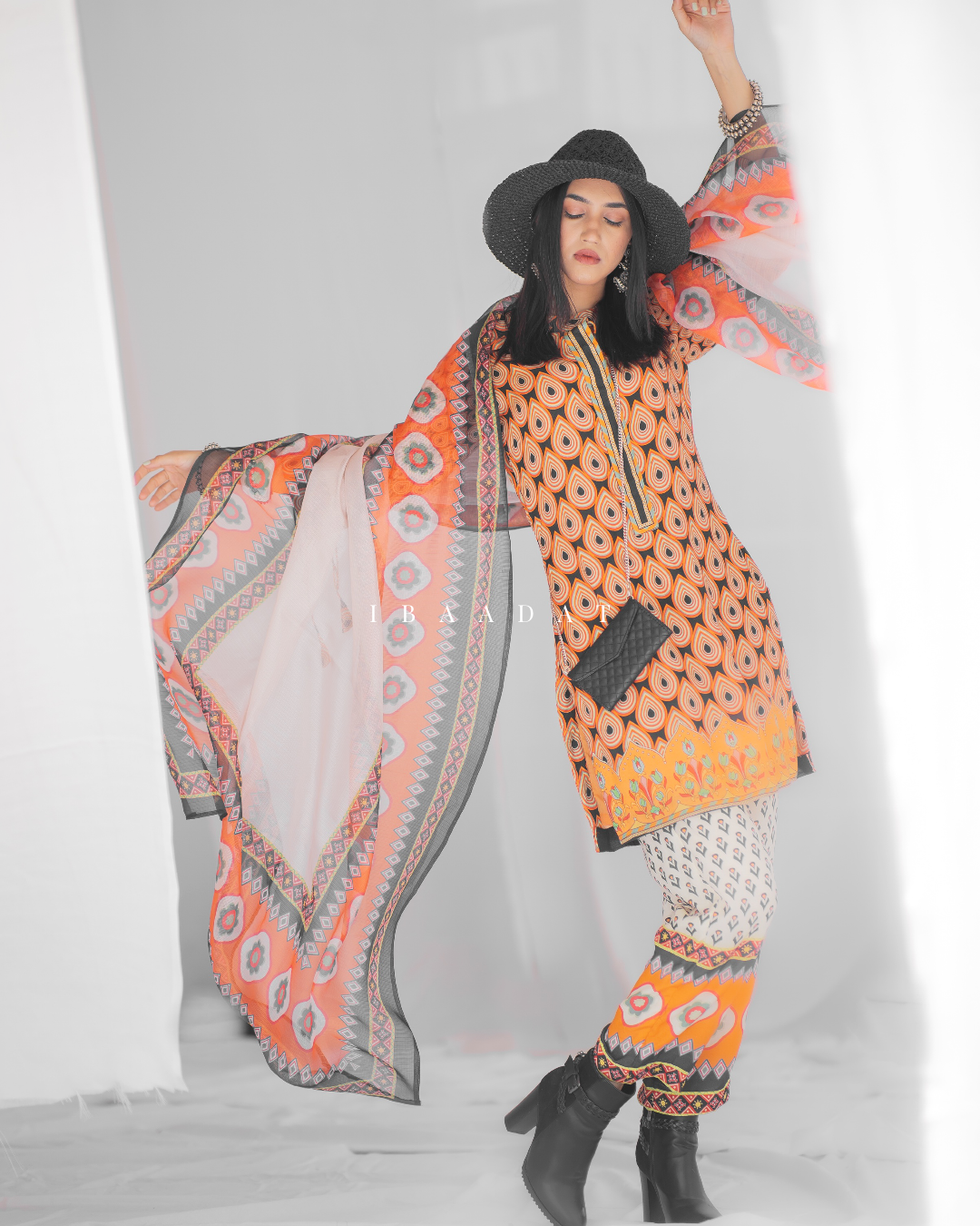 Designer Sunehri Set Salwar Suit in Black and Orange for Women