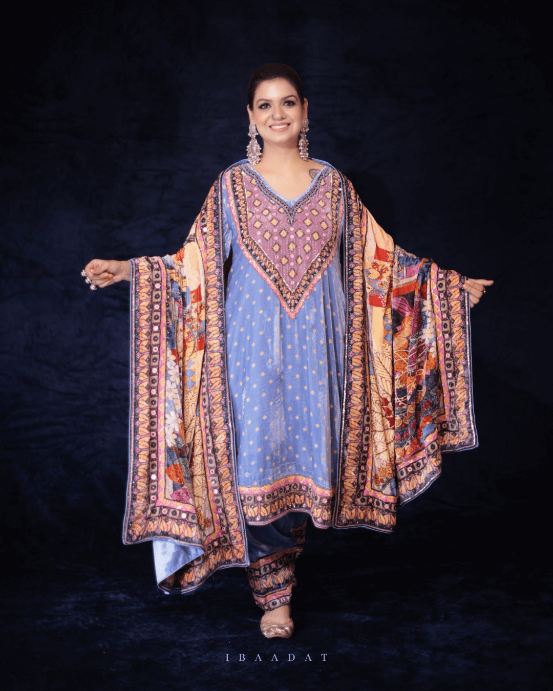 Elegant Blue Nagris Velvet Suit Set for Wedding Functions