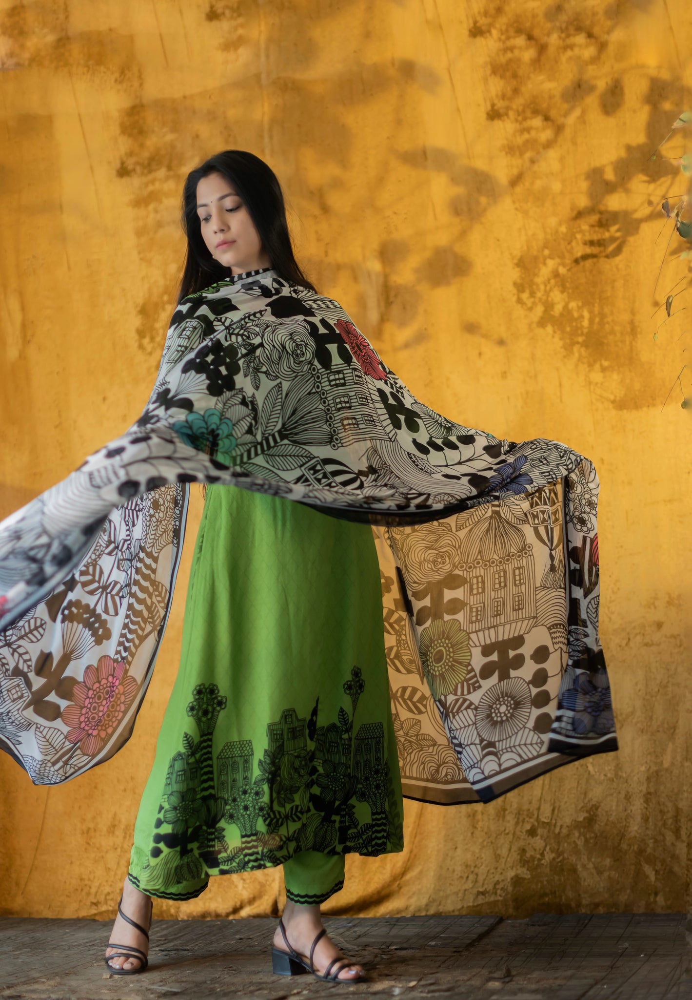 Elegant Green Punjabi Suit with Monochrome Print