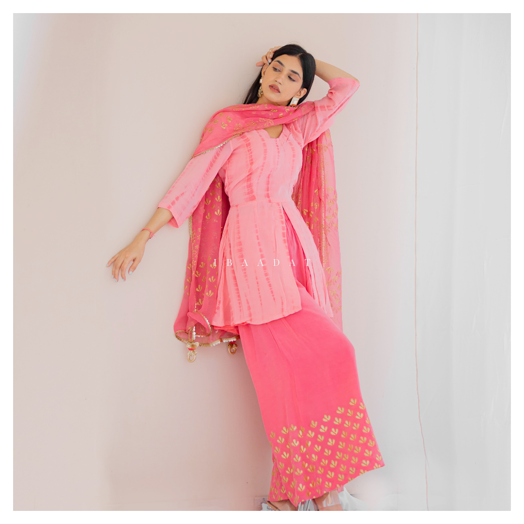 Festive pink Gharara outfit with embroidery