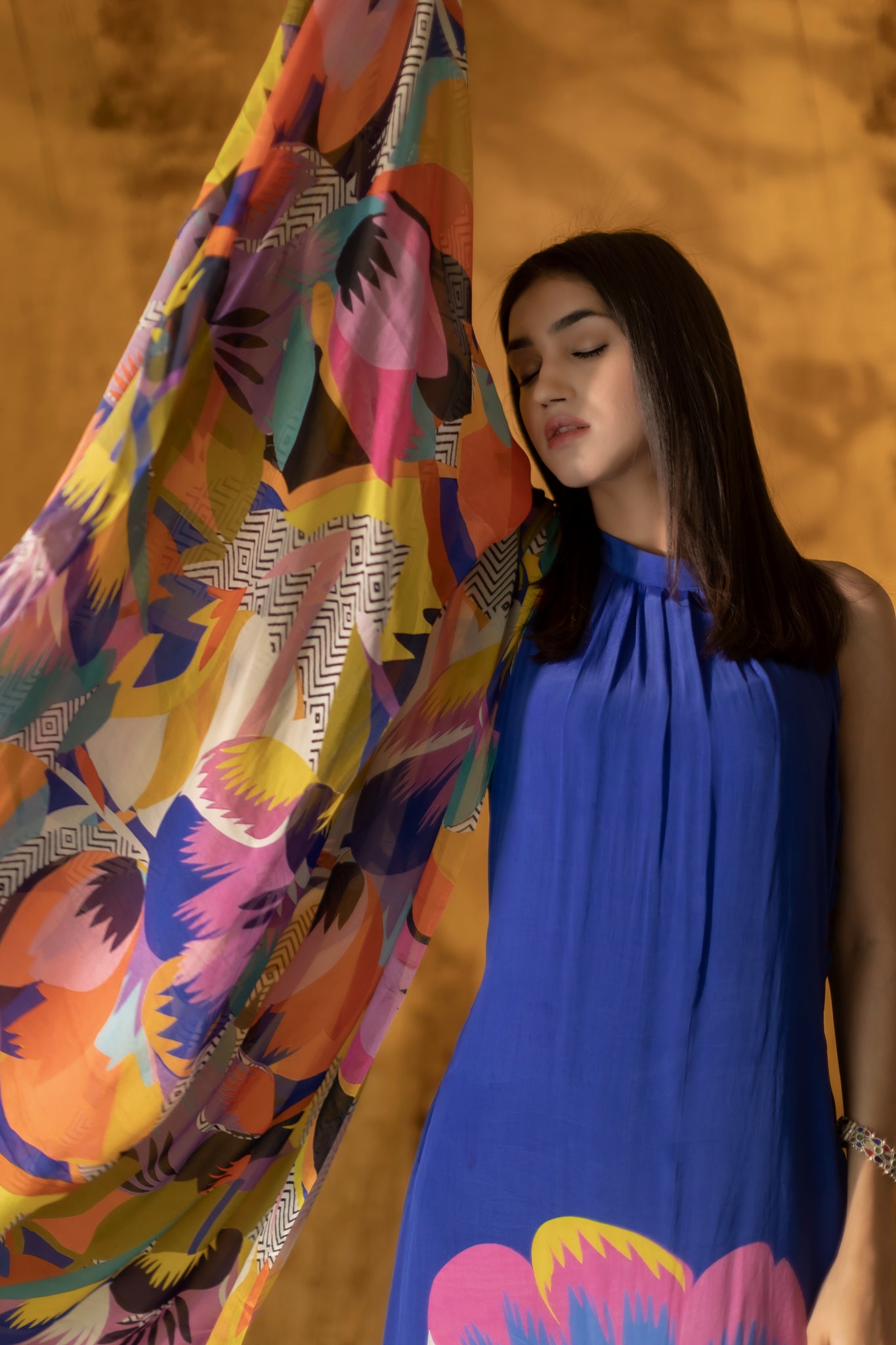 Floral print unstitched salwar suit in blue for women