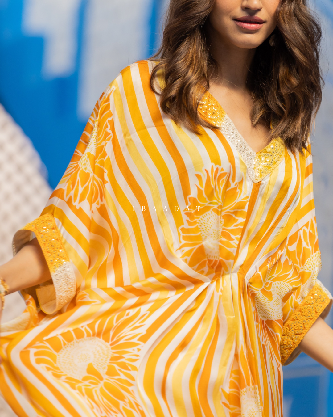 Flowy yellow organza kaftan for festive wear