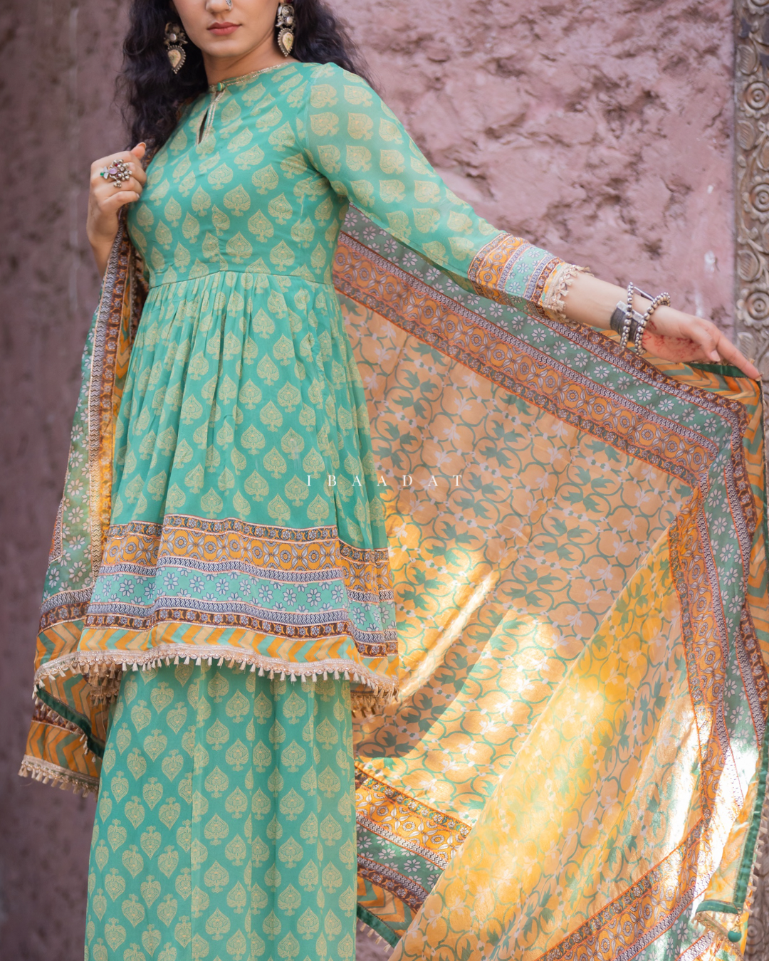 Green Gotta Work Georgette Suit with Silk Dupatta