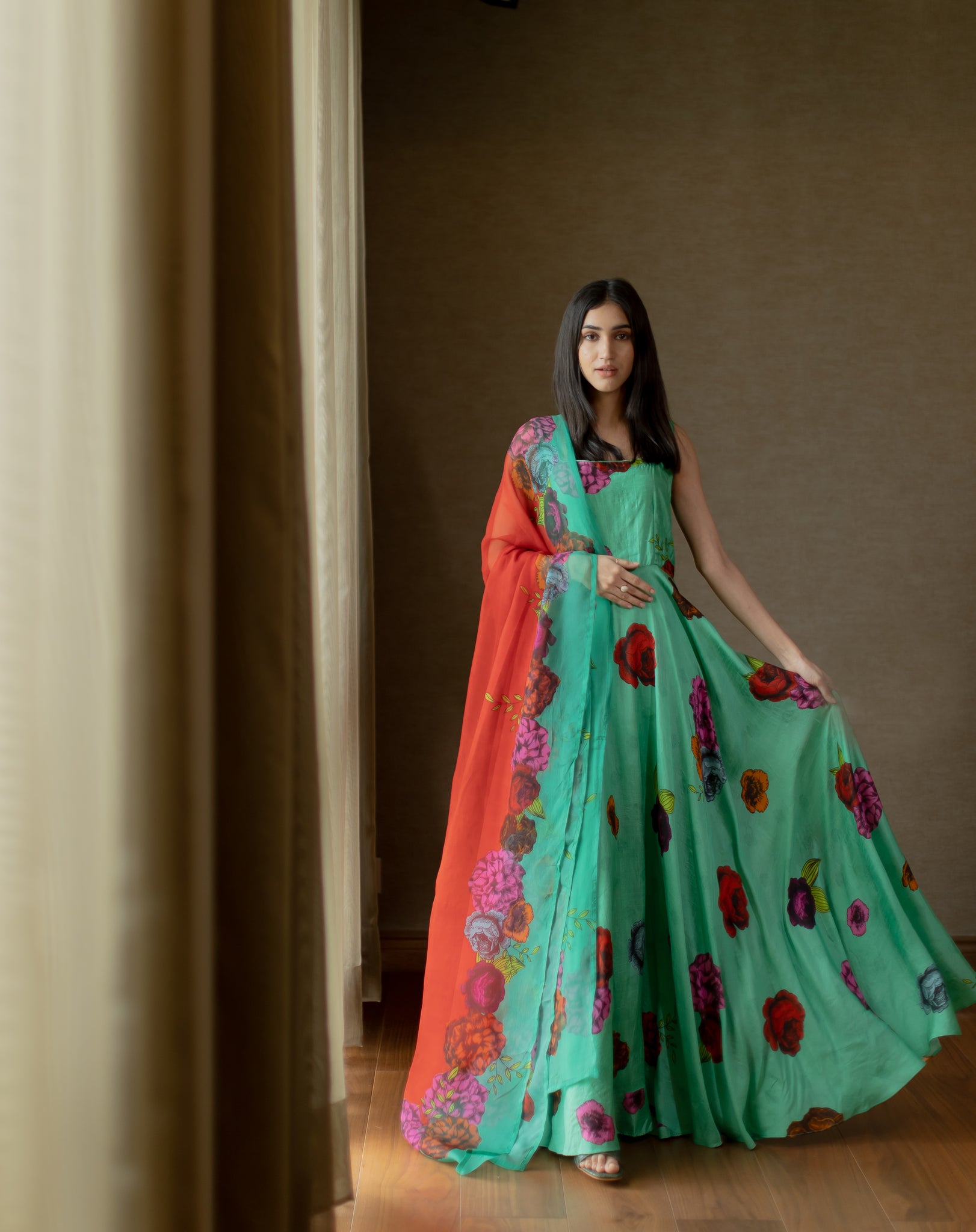 Green and red Fiona Set with organza dupatta and zari work