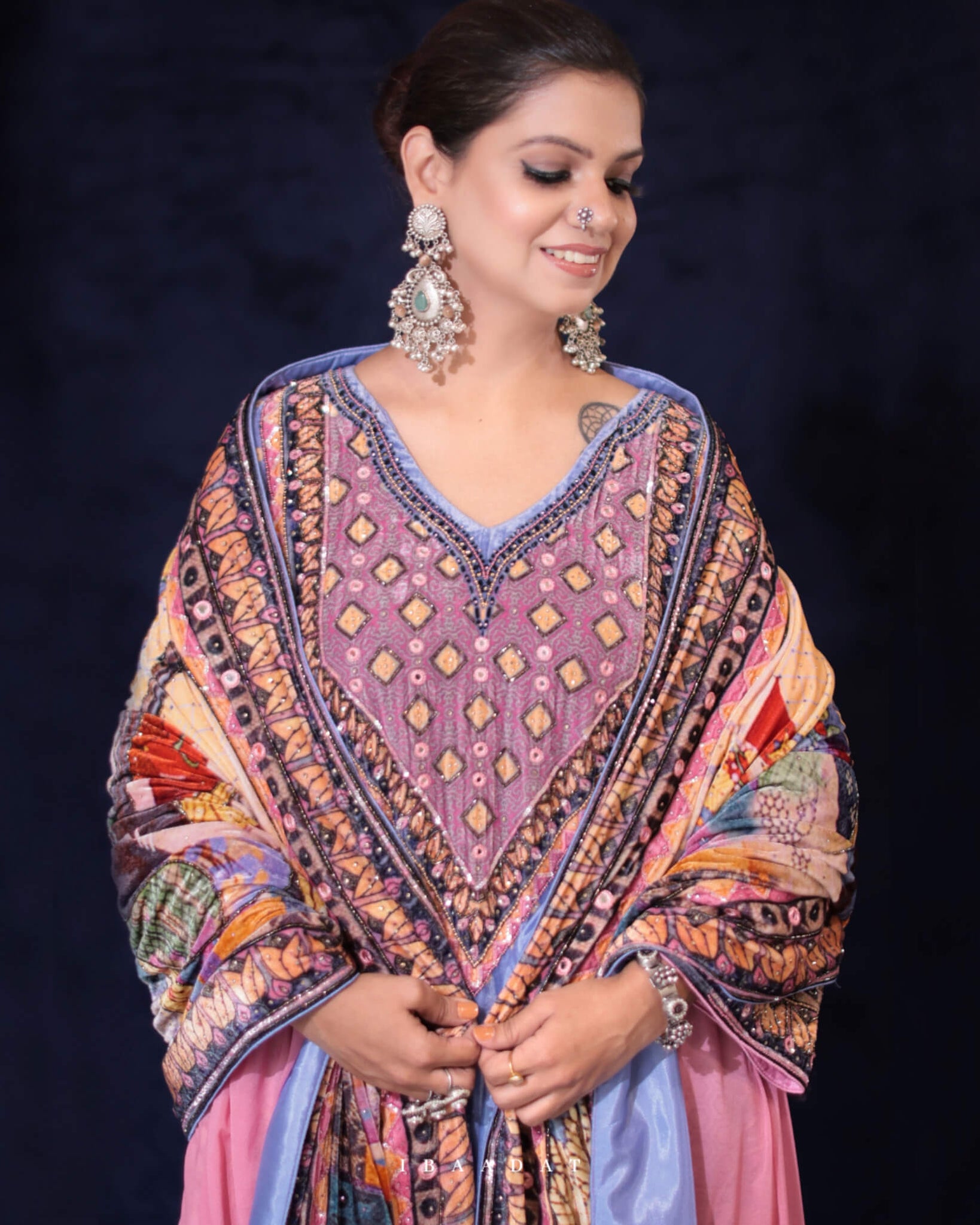 Hand Embroidered Blue Velvet Suit with Shawl