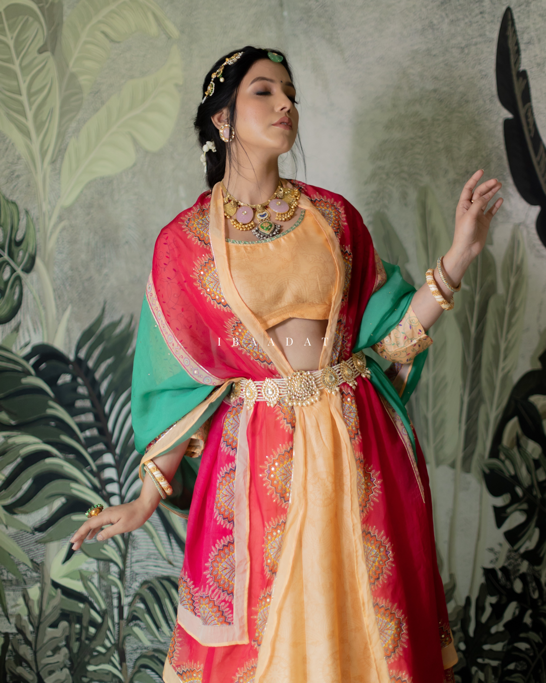 Hand Embroidered Peach Anarkali Lehenga Set