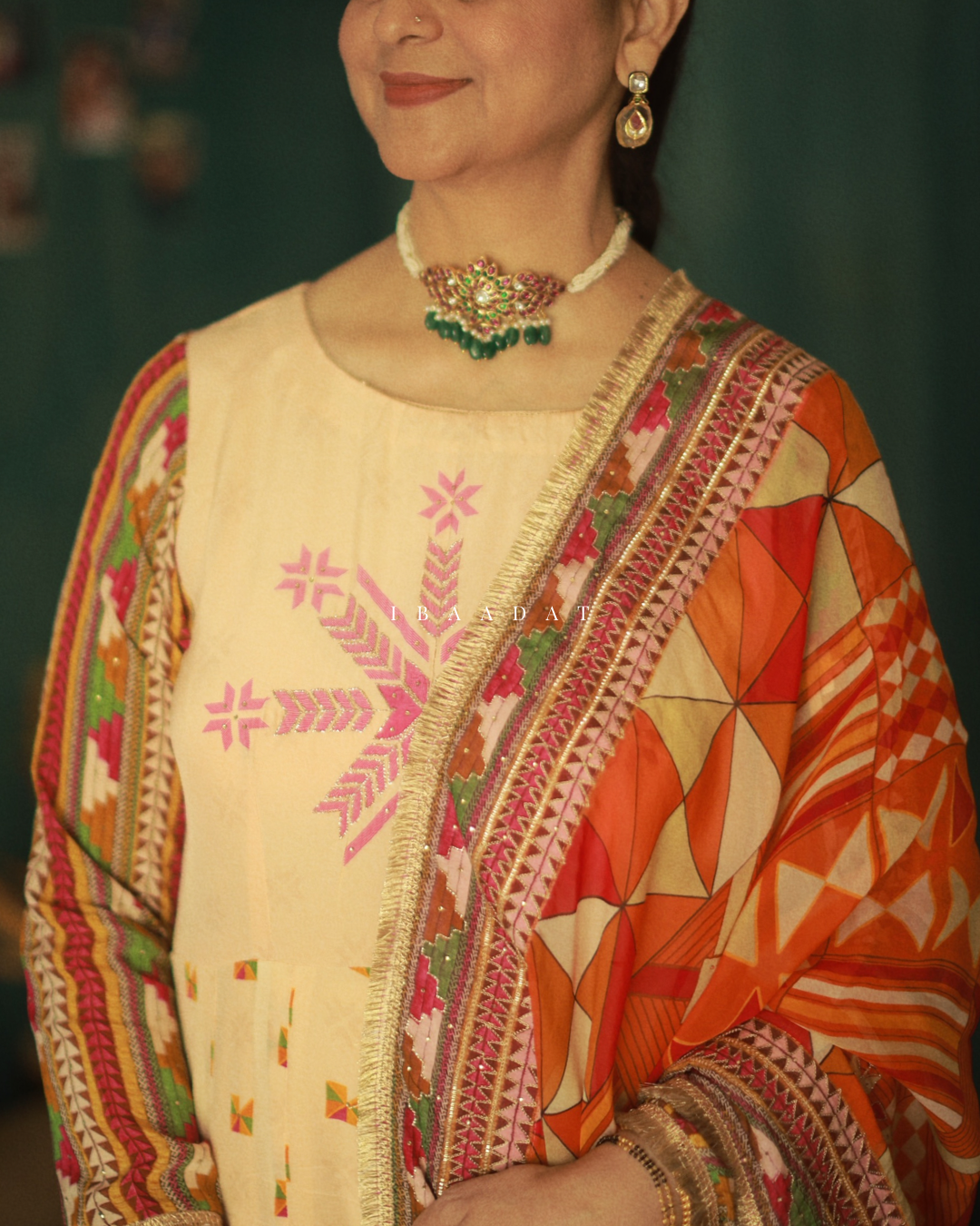 Hand Embroidered Peach Anarkali Suit with Organza Dupatta
