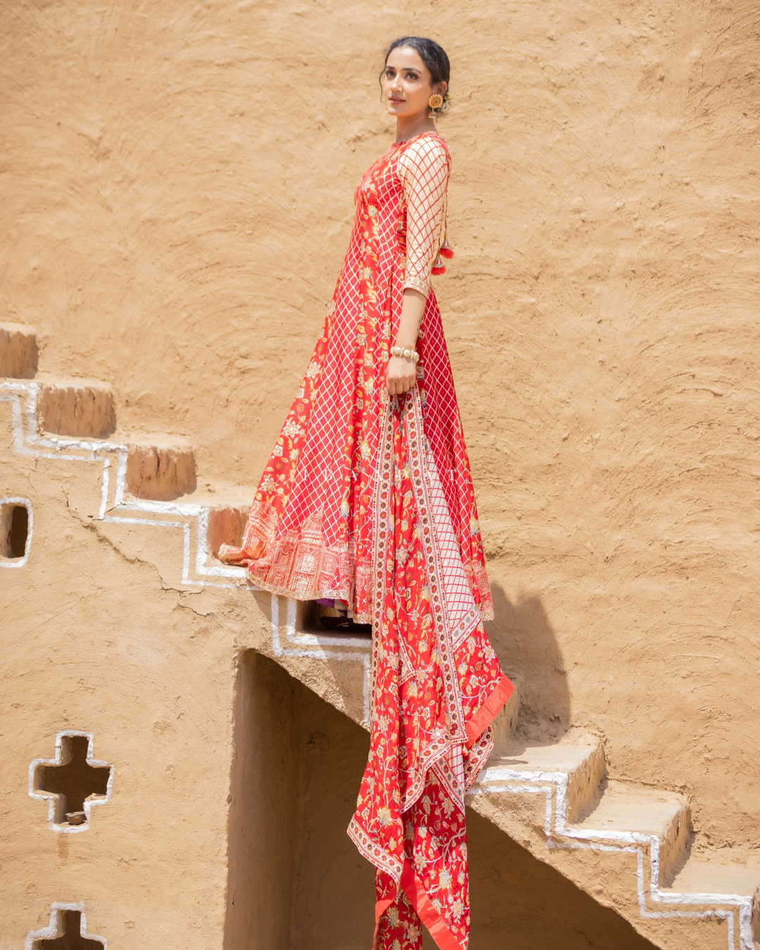 Hand embroidered red Anarkali wedding suit for women